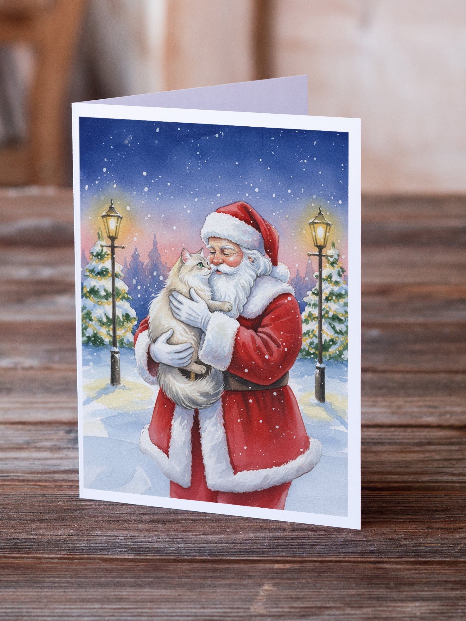 Burmilla Cat with Santa Claus Greeting Cards Pack of 8 Blank Cards with Envelopes Whimsical A7 Size 5x7