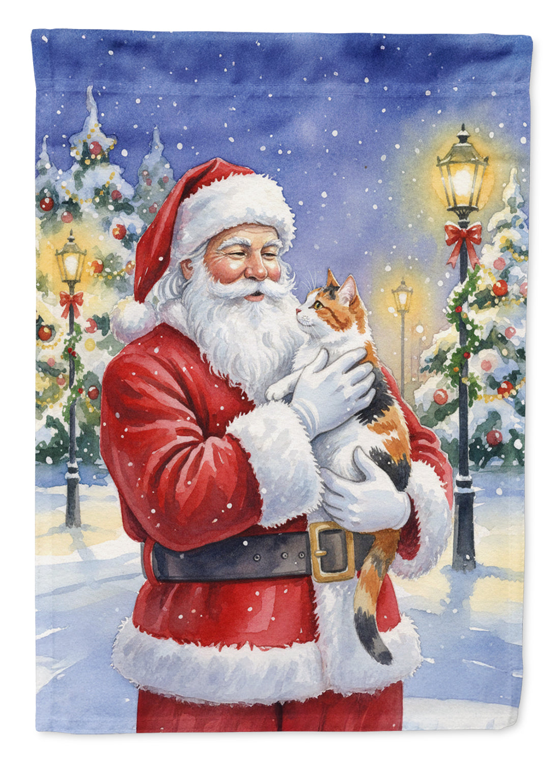 Calico Cat with Santa Claus House Flag 28x40 Porch Sleeve Pole Decorative Outside Yard Banner Artwork Wall Hanging, Polyester