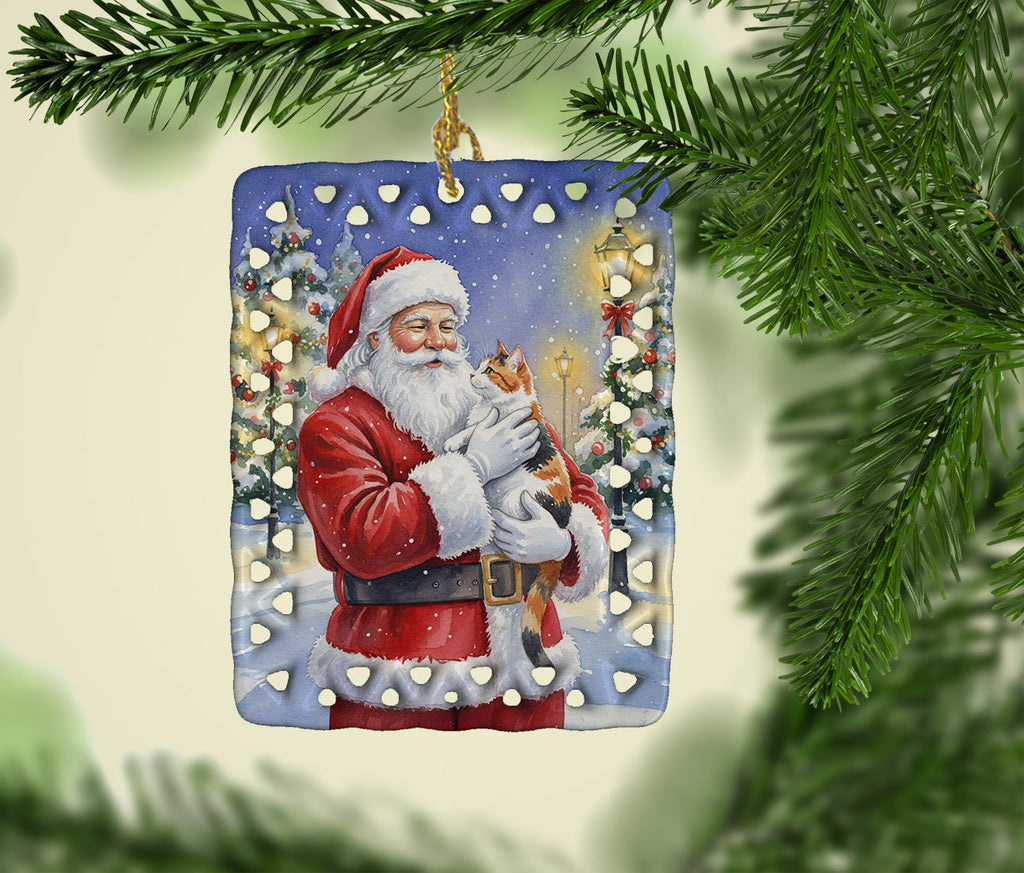Calico Cat with Santa Claus Porcelain Ornament Christmas Tree Hanging Decorations for Home Christmas Holiday, Rectangle, Gift, Multicolor