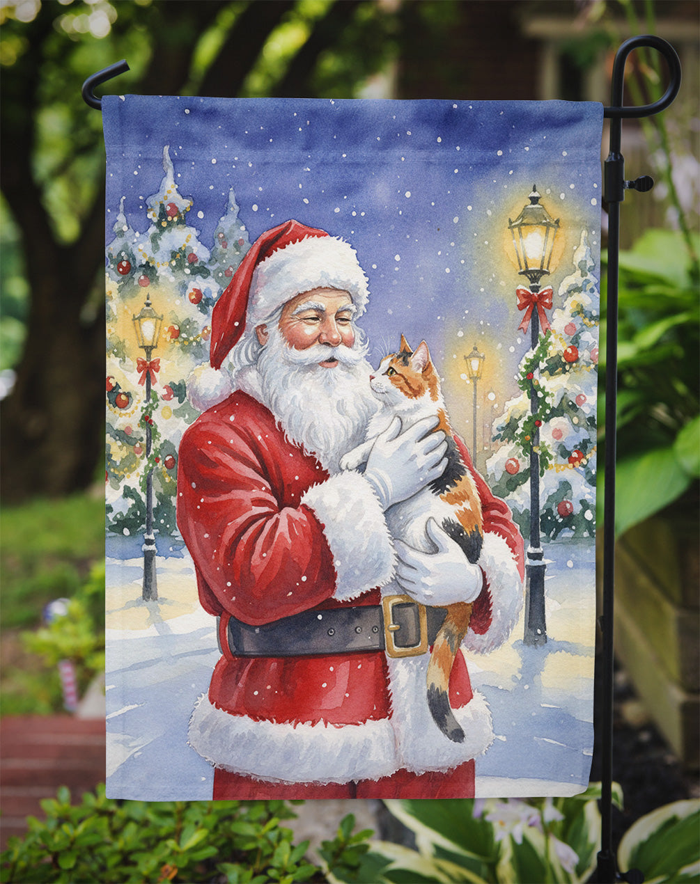 Calico Cat with Santa Claus Garden Flag Mailbox Decorative Yard Banner Outside Patio Artwork for Flower Beds, Garden Size, Multicolor