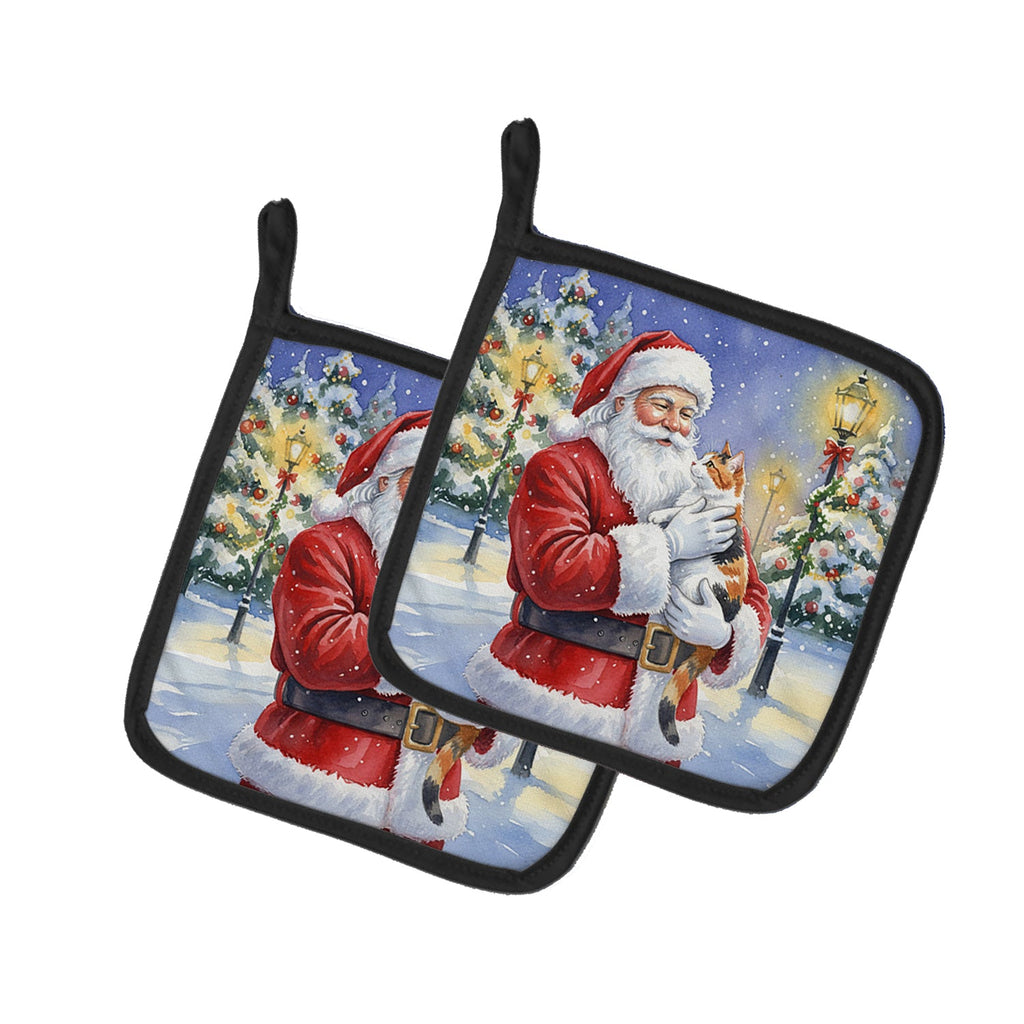 Calico Cat with Santa Claus Pot Holder Set of 2 Heat Resistant Quilted Hot Pads 7.5 x 7.5 Inch, Insulated Kitchen Trivets for Cooking & Baking