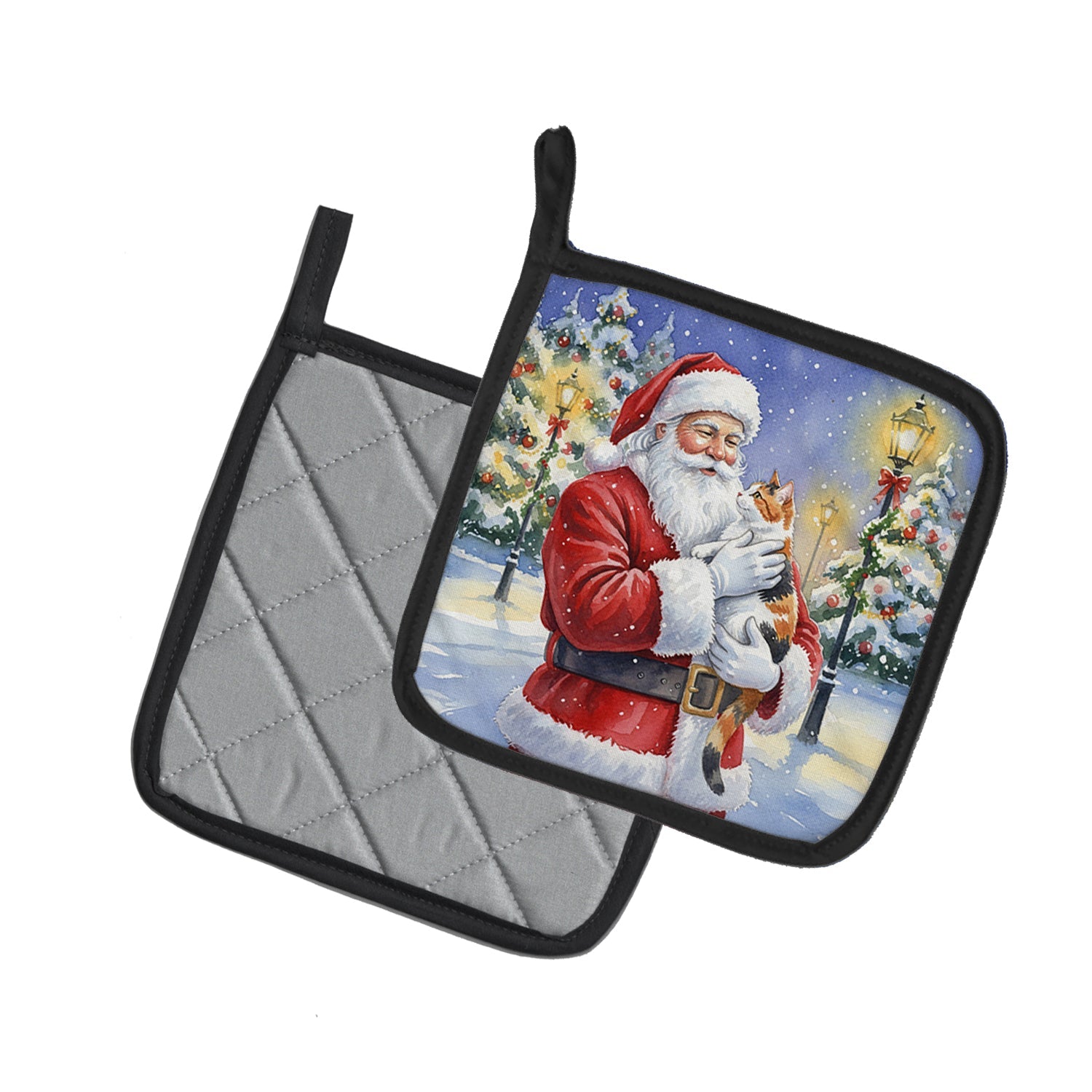 Calico Cat with Santa Claus Pot Holder Set of 2 Heat Resistant Quilted Hot Pads 7.5 x 7.5 Inch, Insulated Kitchen Trivets for Cooking & Baking