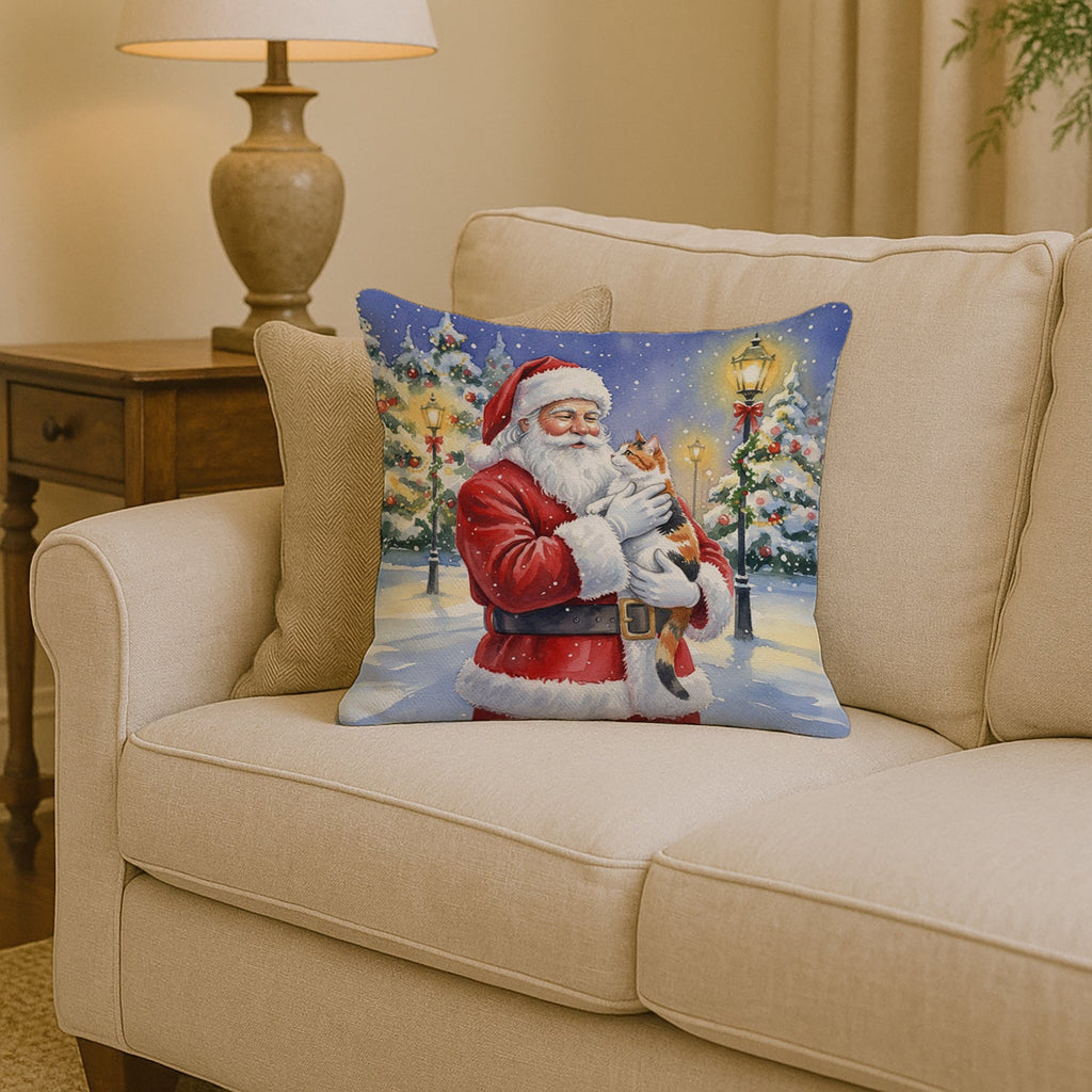 Calico Cat with Santa Claus Decorative Throw Pillow 14x14 Indoor Outdoor Accent Cushion, Fabric Cover with Insert for Sofa, Bed, Porch & Living Room