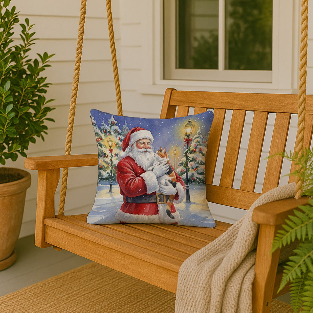 Calico Cat with Santa Claus Decorative Throw Pillow 18x18 Indoor Outdoor Accent Cushion, Fabric Cover with Insert for Sofa, Bed, Porch & Living Room