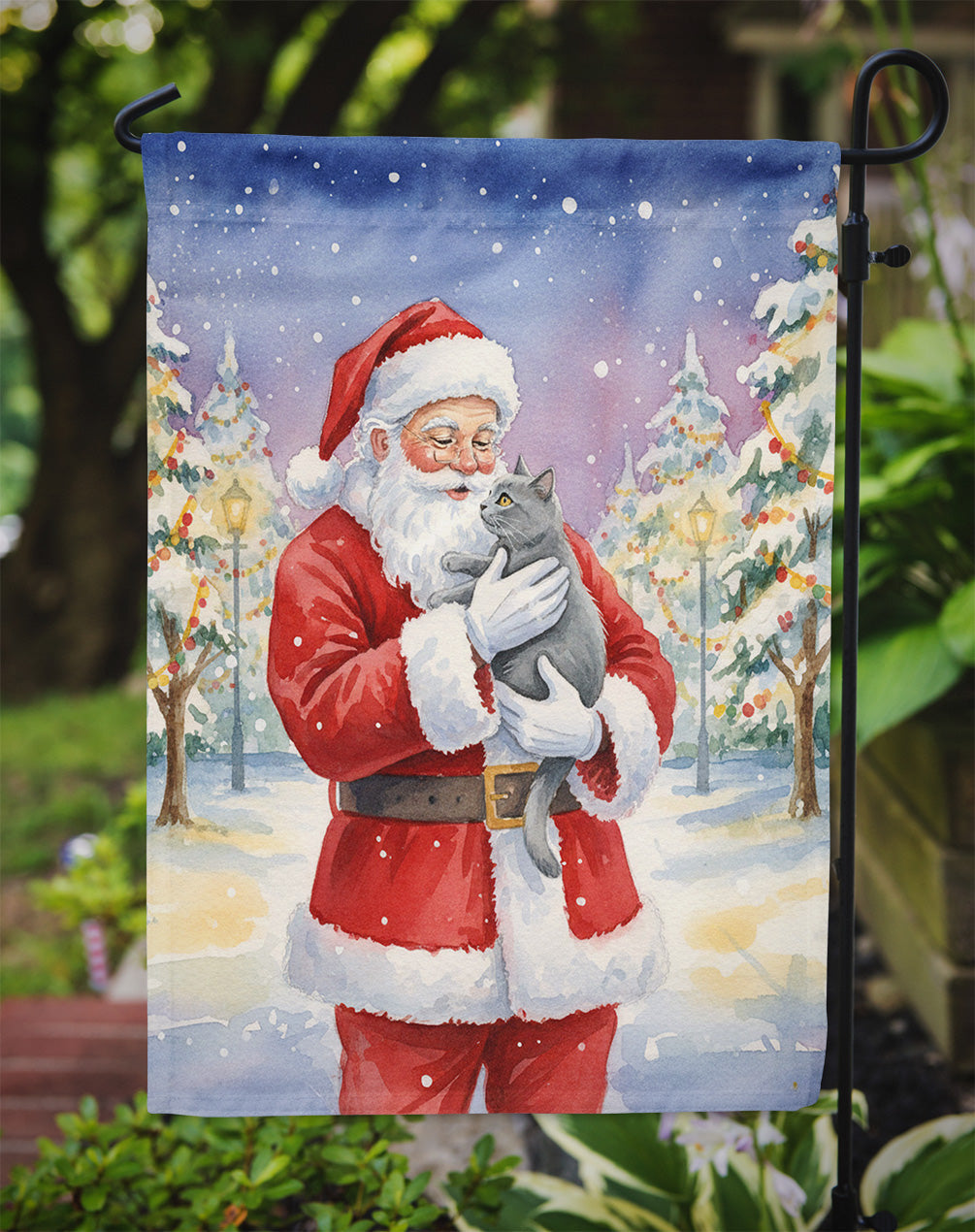 Chartreux Cat with Santa Claus Garden Flag Mailbox Decorative Yard Banner Outside Patio Artwork for Flower Beds, Garden Size, Multicolor