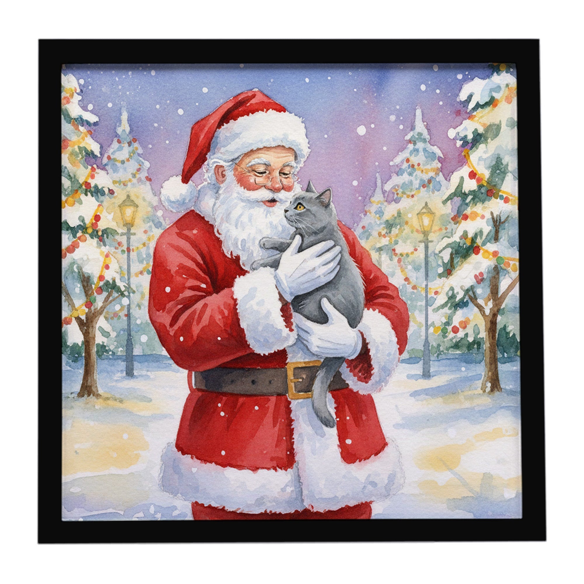 Chartreux Cat with Santa Claus Framed Metal Print Bathroom, Kitchen, Office, Home Decor Wall Art Ready to Hang, Square, 8X8