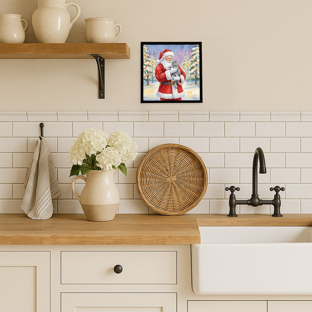 Chartreux Cat with Santa Claus Framed Metal Print Bathroom, Kitchen, Office, Home Decor Wall Art Ready to Hang, Square, 8X8