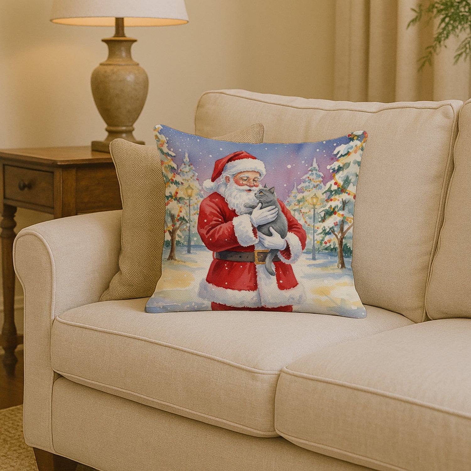 Chartreux Cat with Santa Claus Decorative Throw Pillow 14x14 Indoor Outdoor Accent Cushion, Fabric Cover with Insert for Sofa, Bed, Porch & Living Room