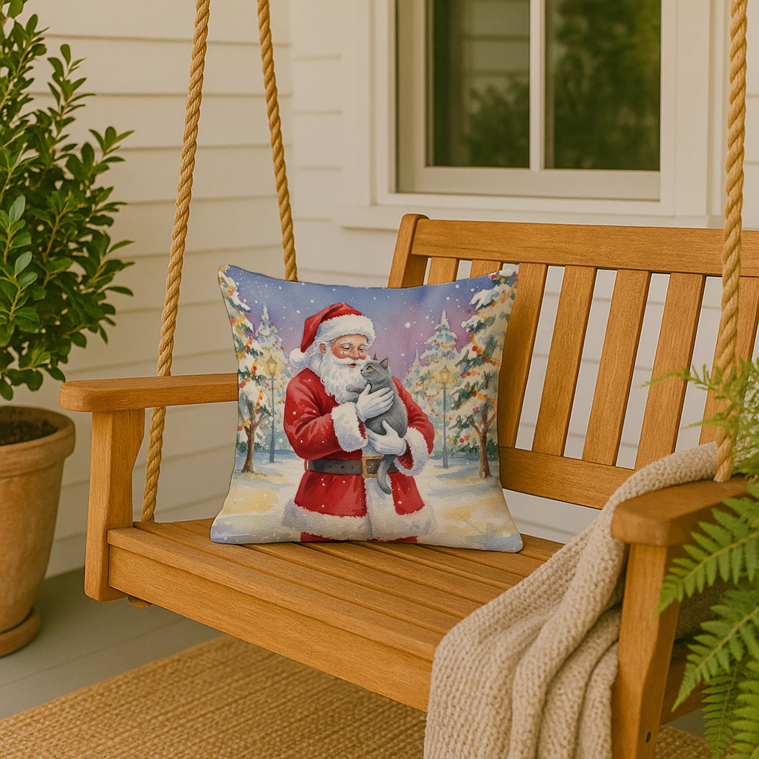 Chartreux Cat with Santa Claus Decorative Throw Pillow 18x18 Indoor Outdoor Accent Cushion, Fabric Cover with Insert for Sofa, Bed, Porch & Living Room