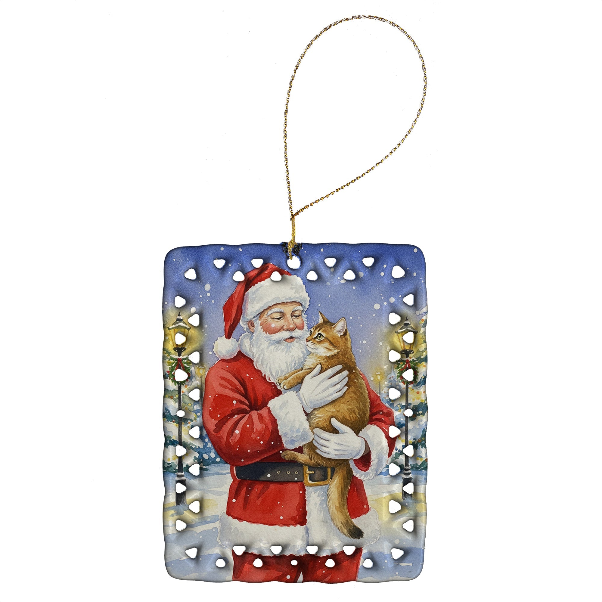 Chausie Cat with Santa Claus Porcelain Ornament Christmas Tree Hanging Decorations for Home Christmas Holiday, Rectangle, Gift, Multicolor