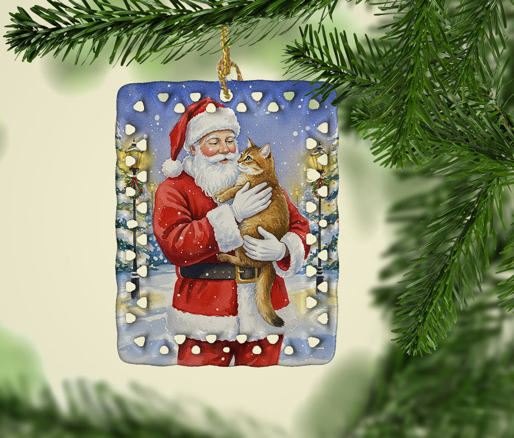 Chausie Cat with Santa Claus Porcelain Ornament Christmas Tree Hanging Decorations for Home Christmas Holiday, Rectangle, Gift, Multicolor