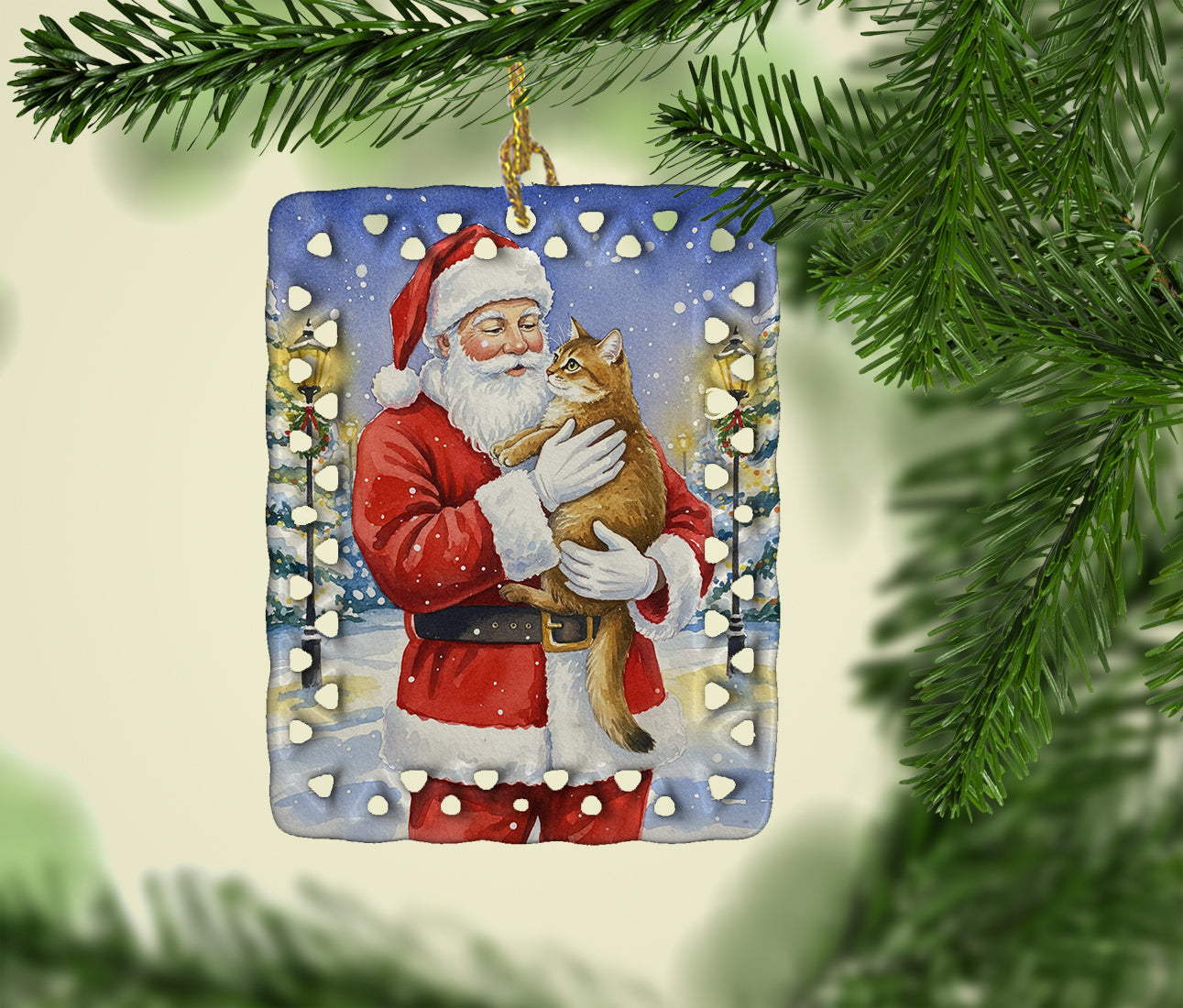 Chausie Cat with Santa Claus Porcelain Ornament Christmas Tree Hanging Decorations for Home Christmas Holiday, Rectangle, Gift, Multicolor