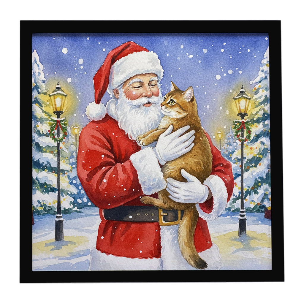 Chausie Cat with Santa Claus Framed Metal Print Bathroom, Kitchen, Office, Home Decor Wall Art Ready to Hang, Square, 8X8