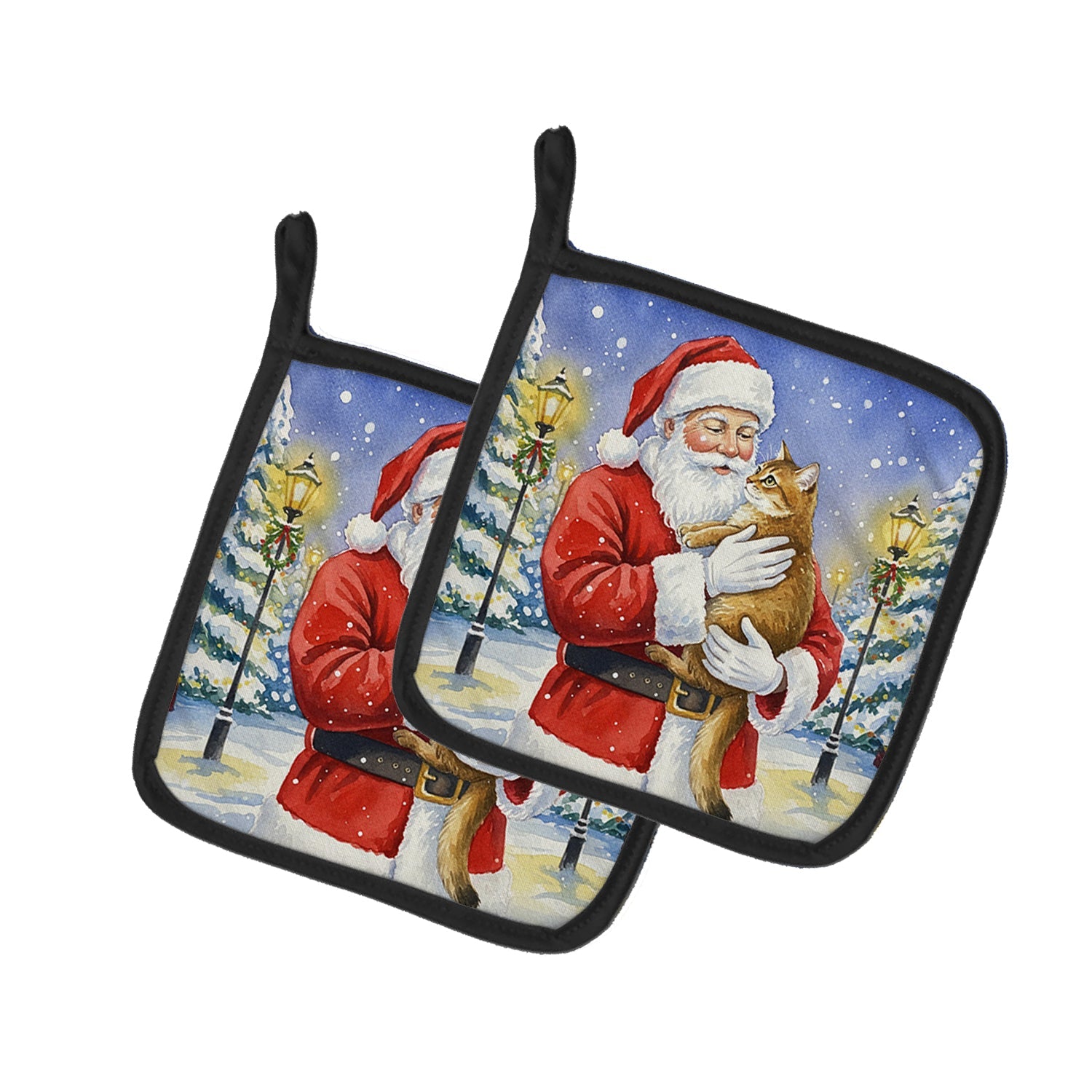 Chausie Cat with Santa Claus Pot Holder Set of 2 Heat Resistant Quilted Hot Pads 7.5 x 7.5 Inch, Insulated Kitchen Trivets for Cooking & Baking
