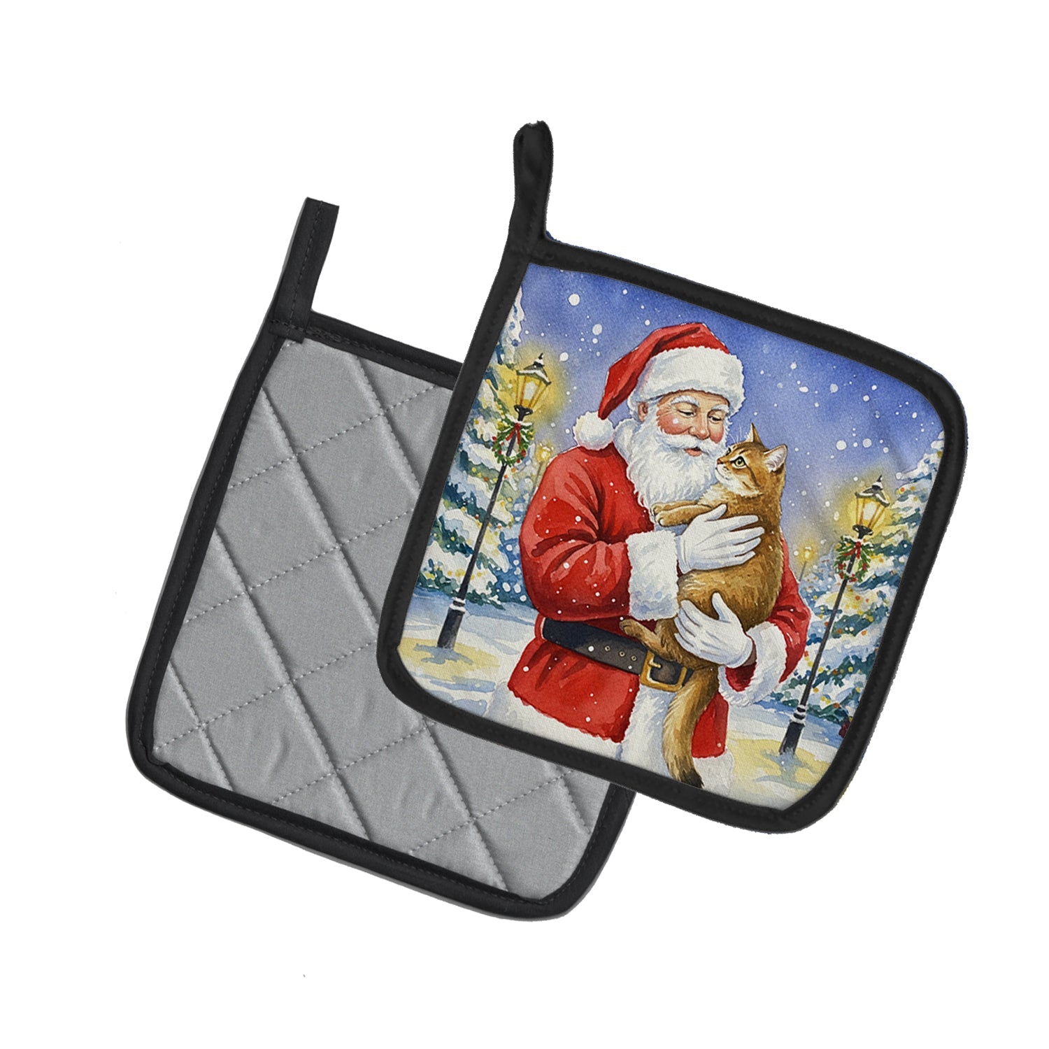 Chausie Cat with Santa Claus Pot Holder Set of 2 Heat Resistant Quilted Hot Pads 7.5 x 7.5 Inch, Insulated Kitchen Trivets for Cooking & Baking