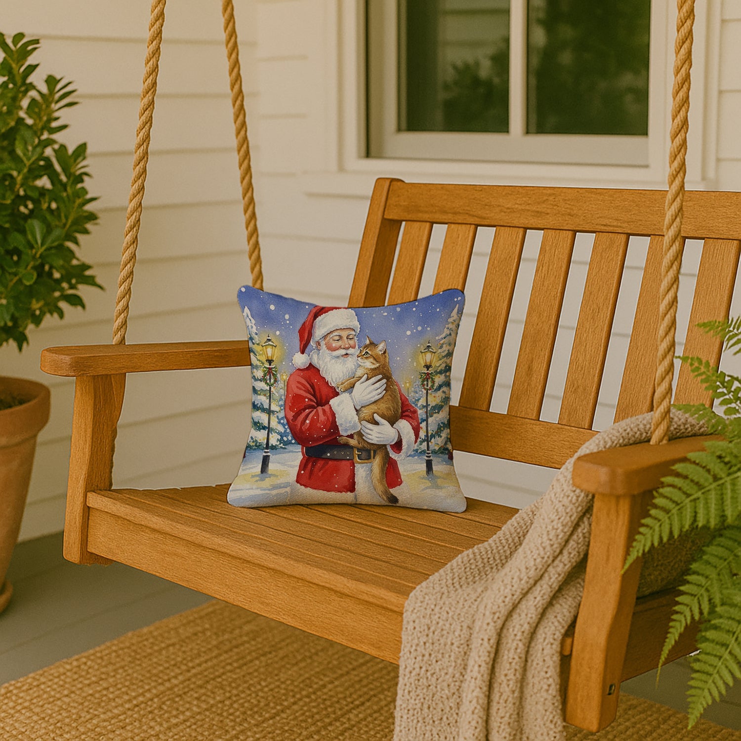 Chausie Cat with Santa Claus Decorative Throw Pillow 14x14 Indoor Outdoor Accent Cushion, Fabric Cover with Insert for Sofa, Bed, Porch & Living Room