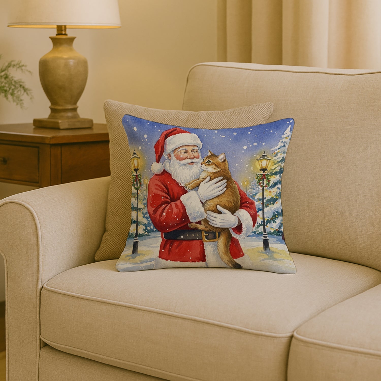 Chausie Cat with Santa Claus Decorative Throw Pillow 18x18 Indoor Outdoor Accent Cushion, Fabric Cover with Insert for Sofa, Bed, Porch & Living Room