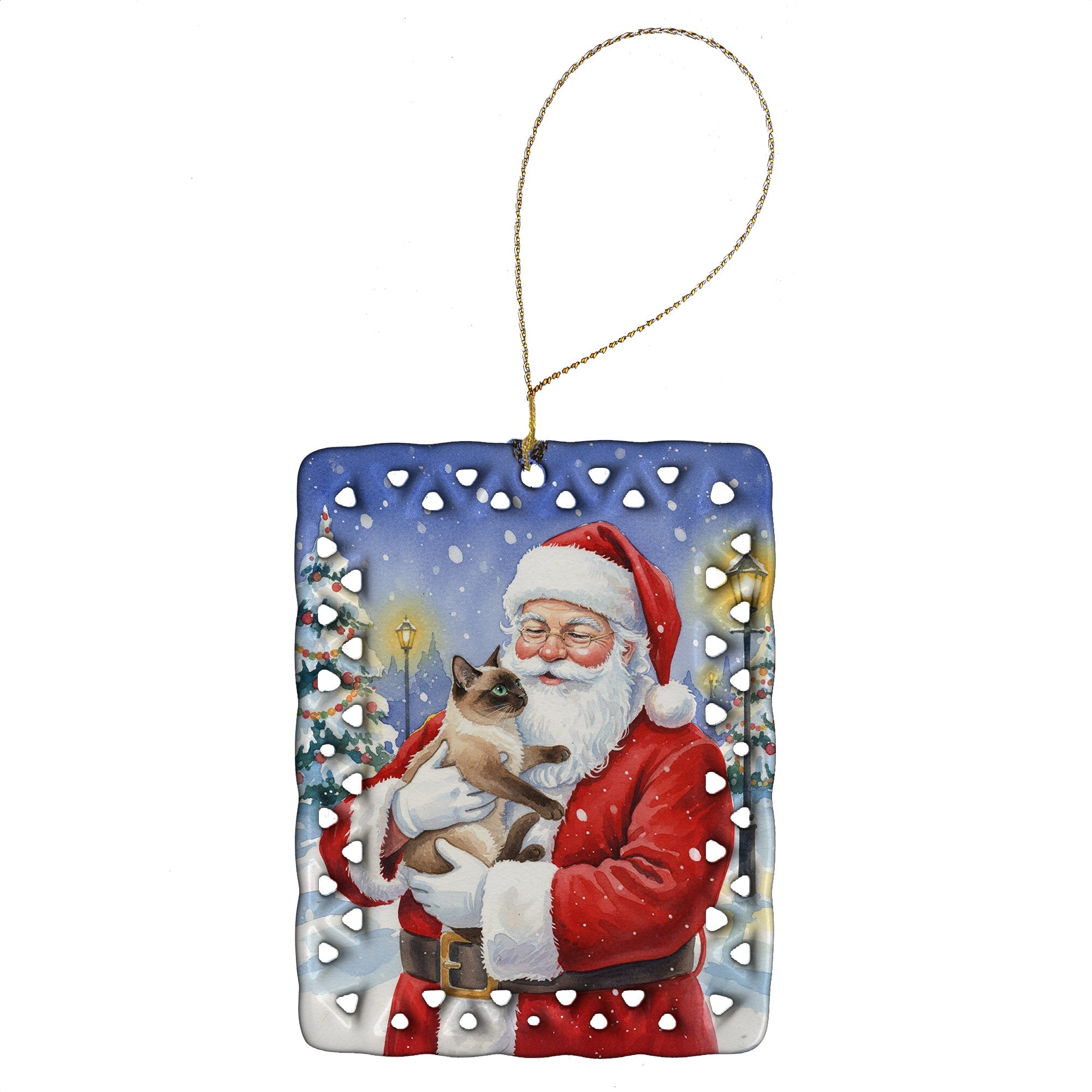 Chocolate Point Cat with Santa Claus Porcelain Ornament Christmas Tree Hanging Decorations for Home Christmas Holiday, Rectangle, Gift, Multicolor