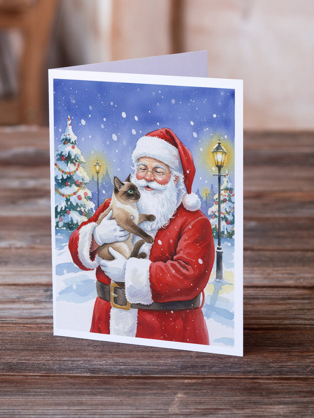 Chocolate Point Cat with Santa Claus Greeting Cards Pack of 8 Blank Cards with Envelopes Whimsical A7 Size 5x7
