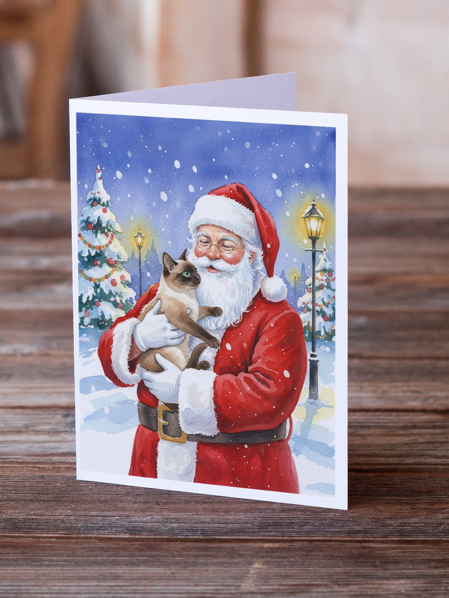 Chocolate Point Cat with Santa Claus Greeting Cards Pack of 8 Blank Cards with Envelopes Whimsical A7 Size 5x7