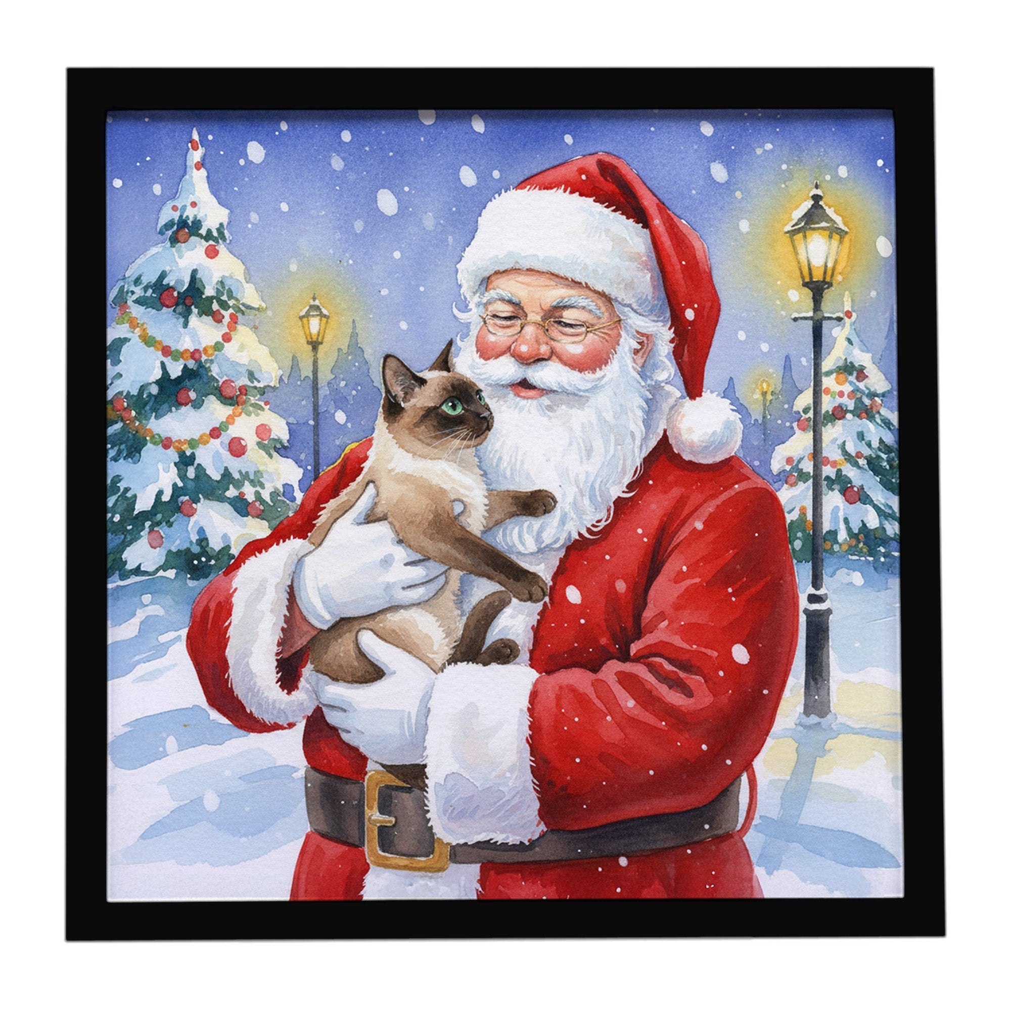 Chocolate Point Cat with Santa Claus Framed Metal Print Bathroom, Kitchen, Office, Home Decor Wall Art Ready to Hang, Square, 8X8