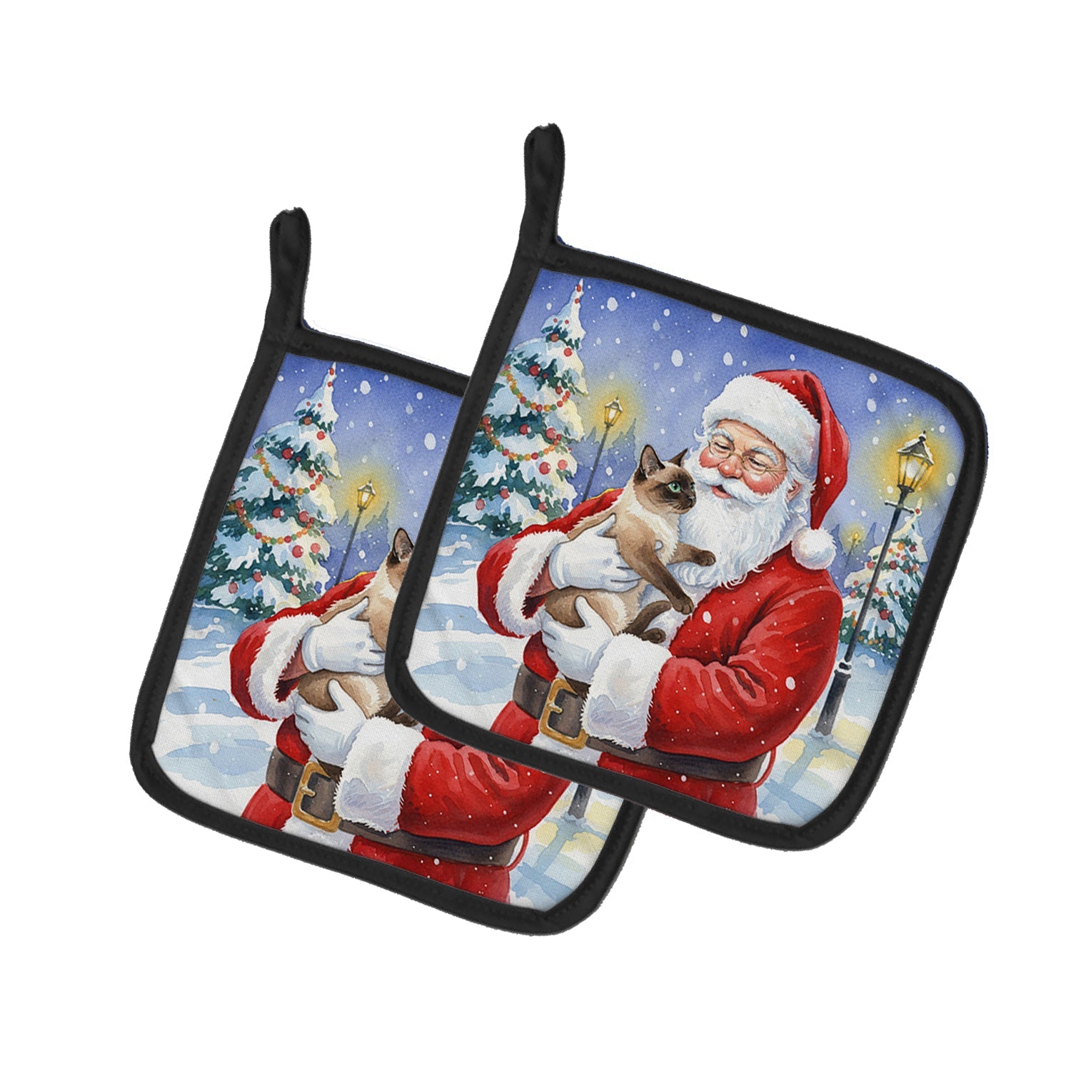 Chocolate Point Cat with Santa Claus Pot Holder Set of 2 Heat Resistant Quilted Hot Pads 7.5 x 7.5 Inch, Insulated Kitchen Trivets for Cooking & Baking