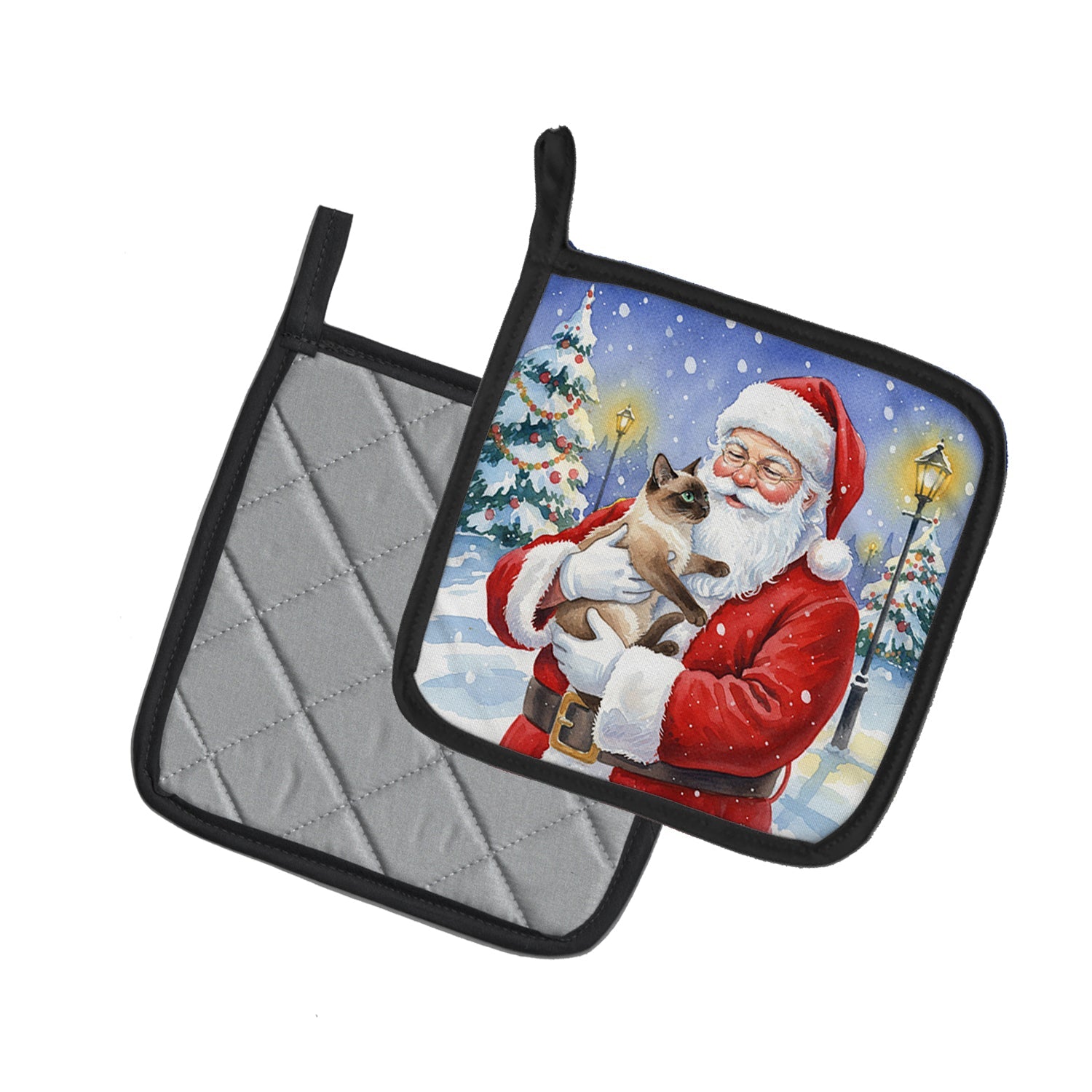 Chocolate Point Cat with Santa Claus Pot Holder Set of 2 Heat Resistant Quilted Hot Pads 7.5 x 7.5 Inch, Insulated Kitchen Trivets for Cooking & Baking
