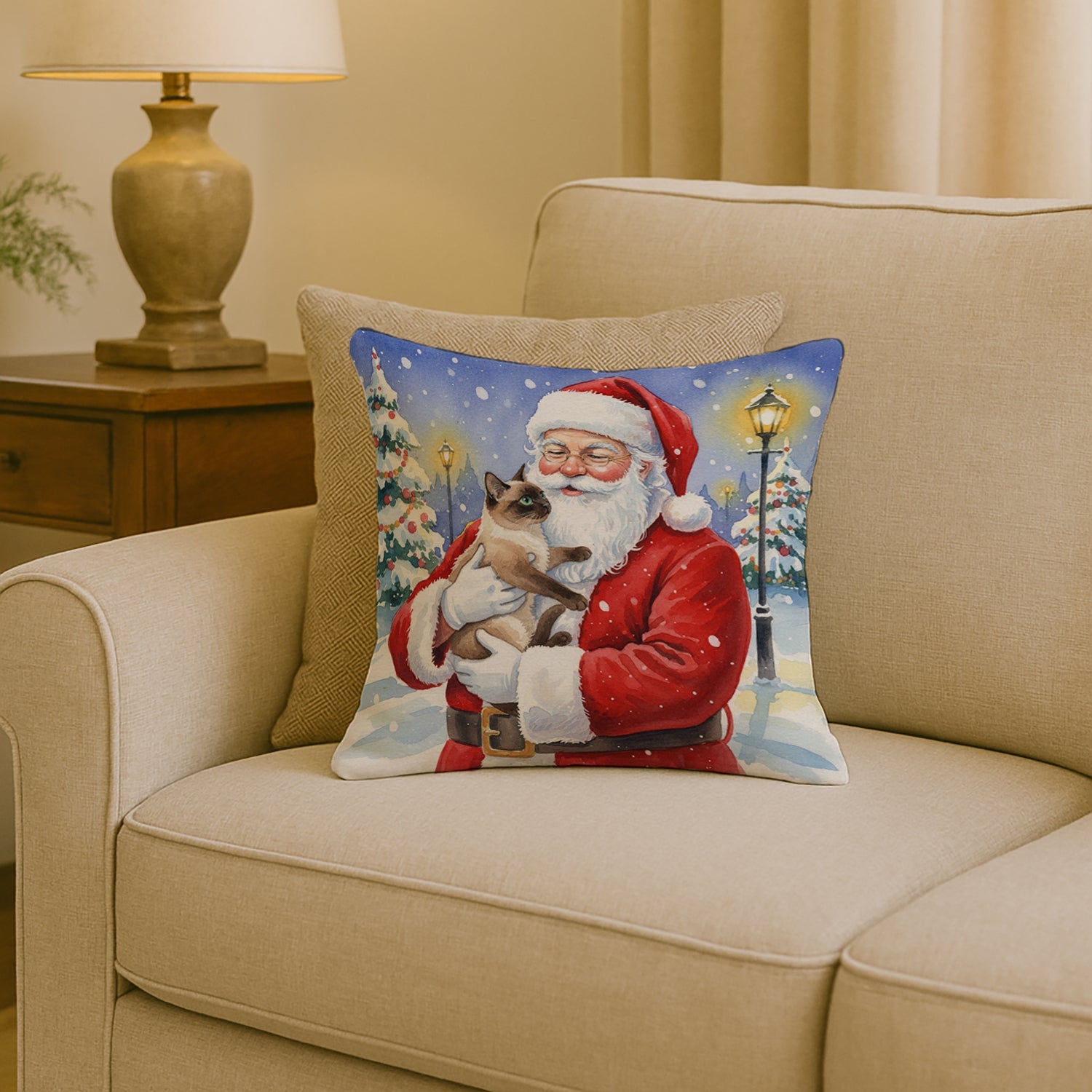Chocolate Point Cat with Santa Claus Decorative Throw Pillow 18x18 Indoor Outdoor Accent Cushion, Fabric Cover with Insert for Sofa, Bed, Porch & Living Room