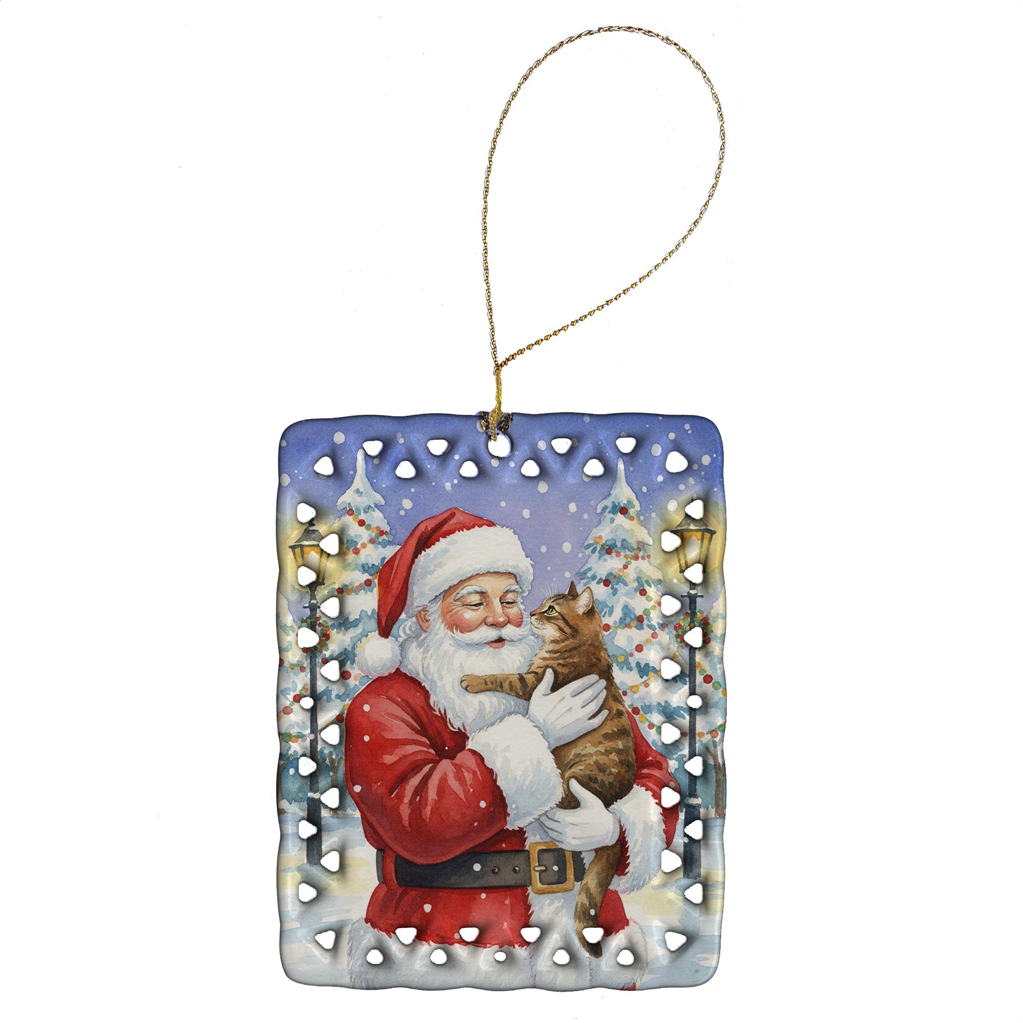 Classic Tabby Brown Cat with Santa Claus Porcelain Ornament Christmas Tree Hanging Decorations for Home Christmas Holiday, Rectangle, Gift, Multicolor