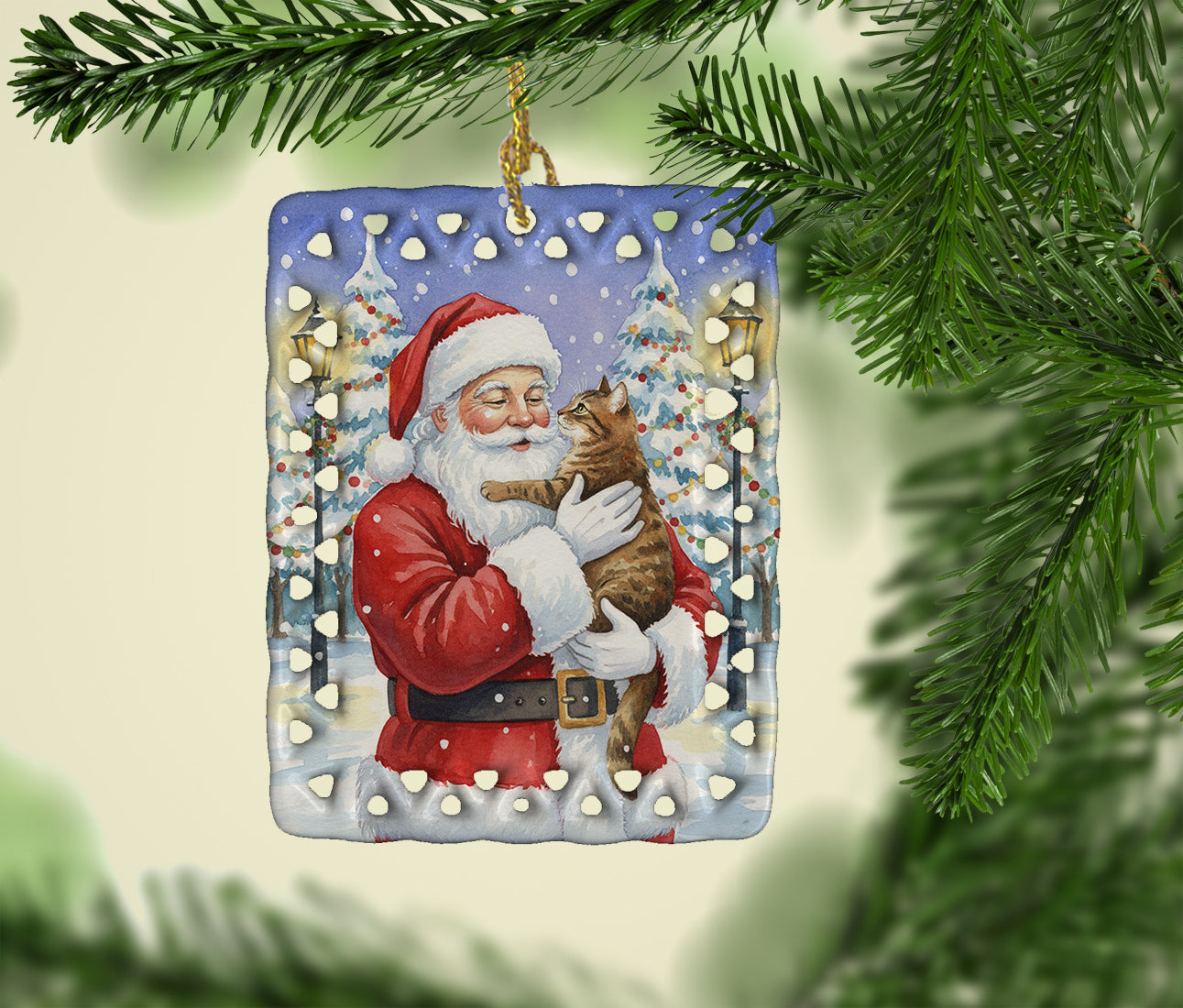 Classic Tabby Brown Cat with Santa Claus Porcelain Ornament Christmas Tree Hanging Decorations for Home Christmas Holiday, Rectangle, Gift, Multicolor