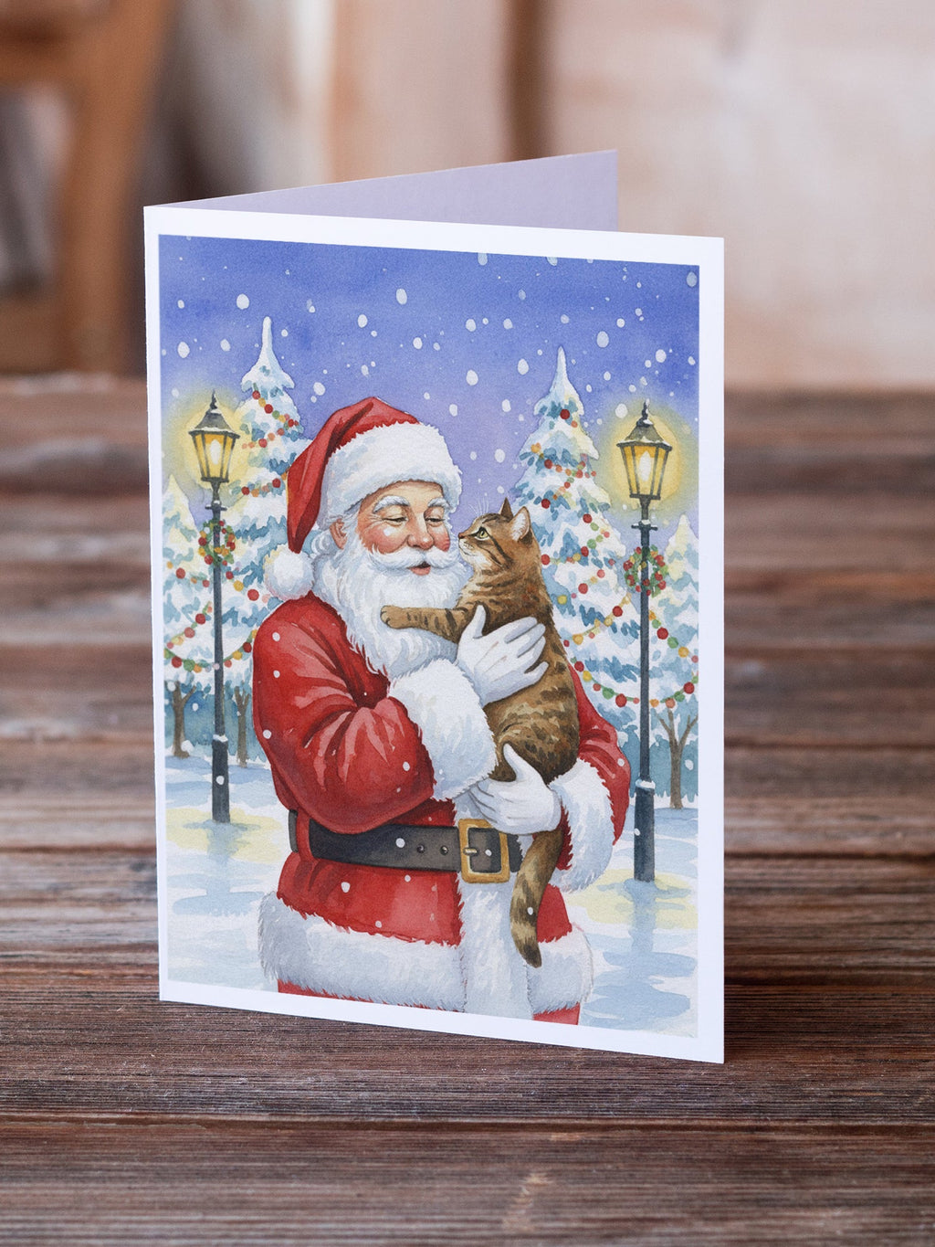 Classic Tabby Brown Cat with Santa Claus Greeting Cards Pack of 8 Blank Cards with Envelopes Whimsical A7 Size 5x7