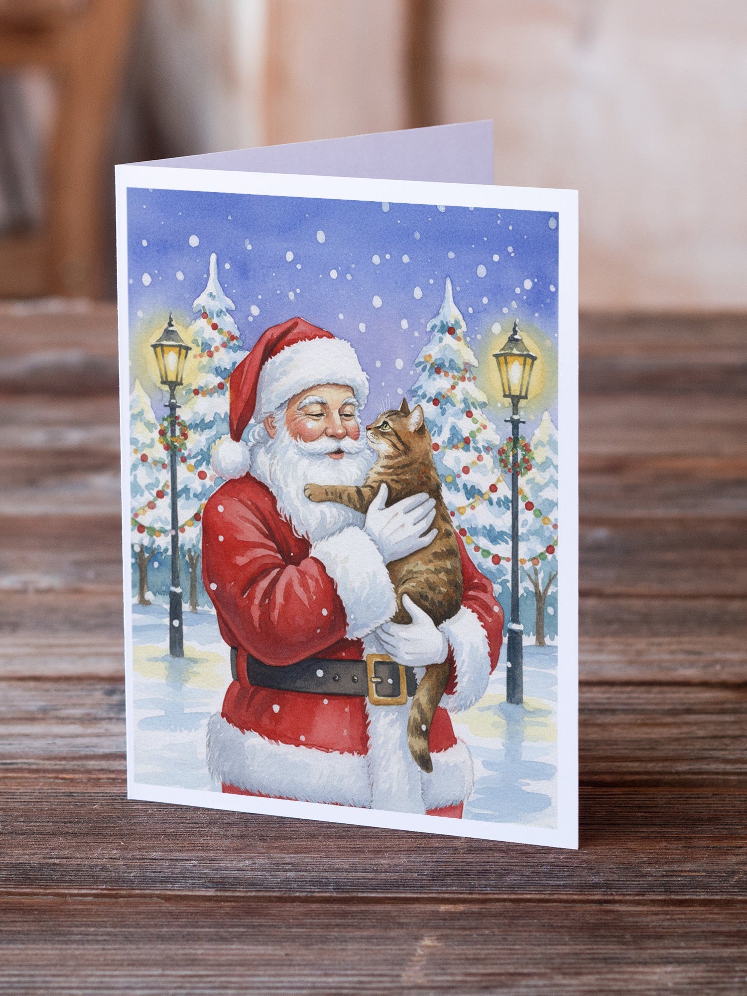 Classic Tabby Brown Cat with Santa Claus Greeting Cards Pack of 8 Blank Cards with Envelopes Whimsical A7 Size 5x7