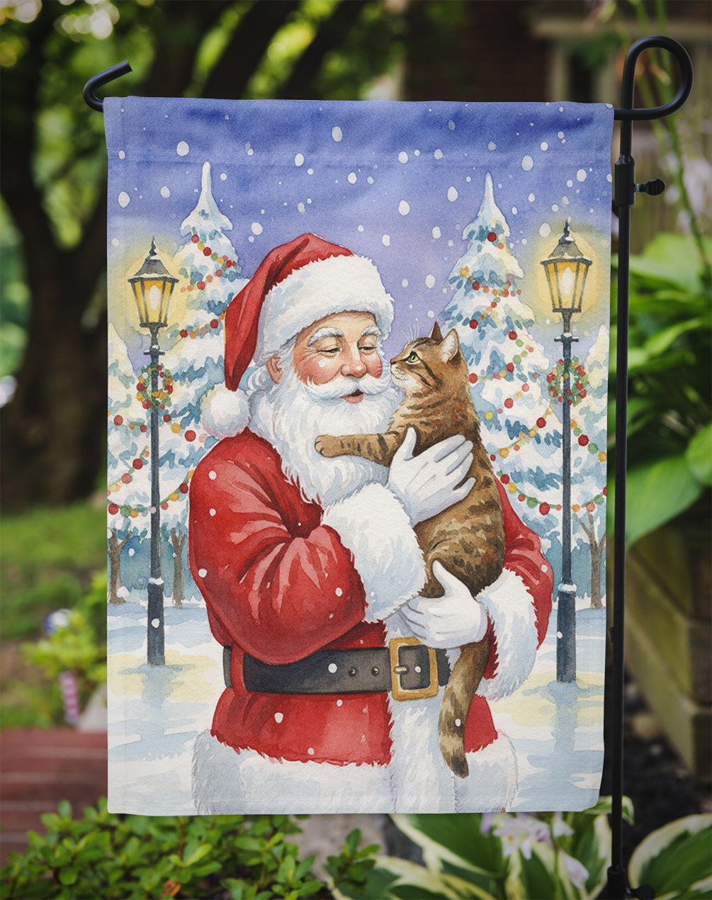 Classic Tabby Brown Cat with Santa Claus Garden Flag Mailbox Decorative Yard Banner Outside Patio Artwork for Flower Beds, Garden Size, Multicolor