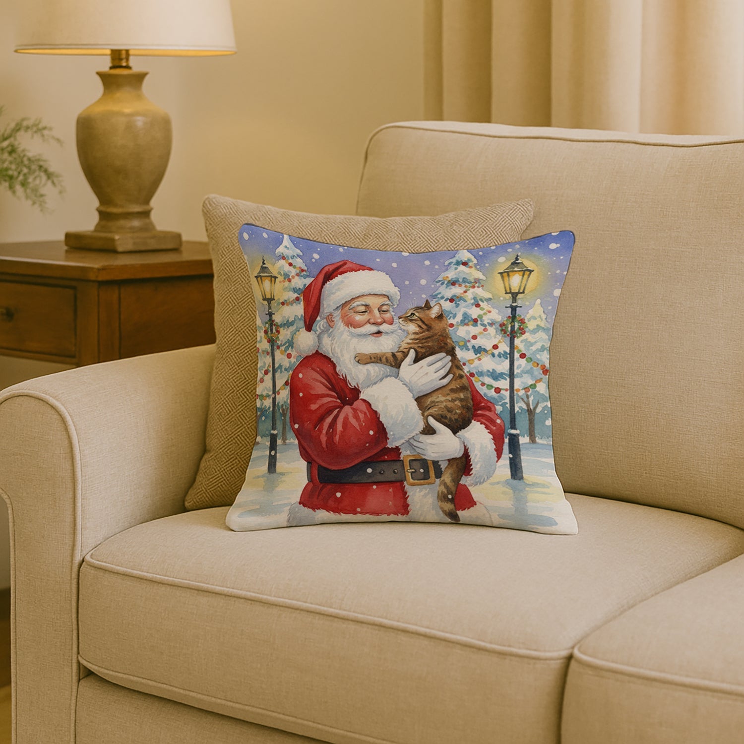 Classic Tabby Brown Cat with Santa Claus Decorative Throw Pillow 18x18 Indoor Outdoor Accent Cushion, Fabric Cover with Insert for Sofa, Bed, Porch & Living Room