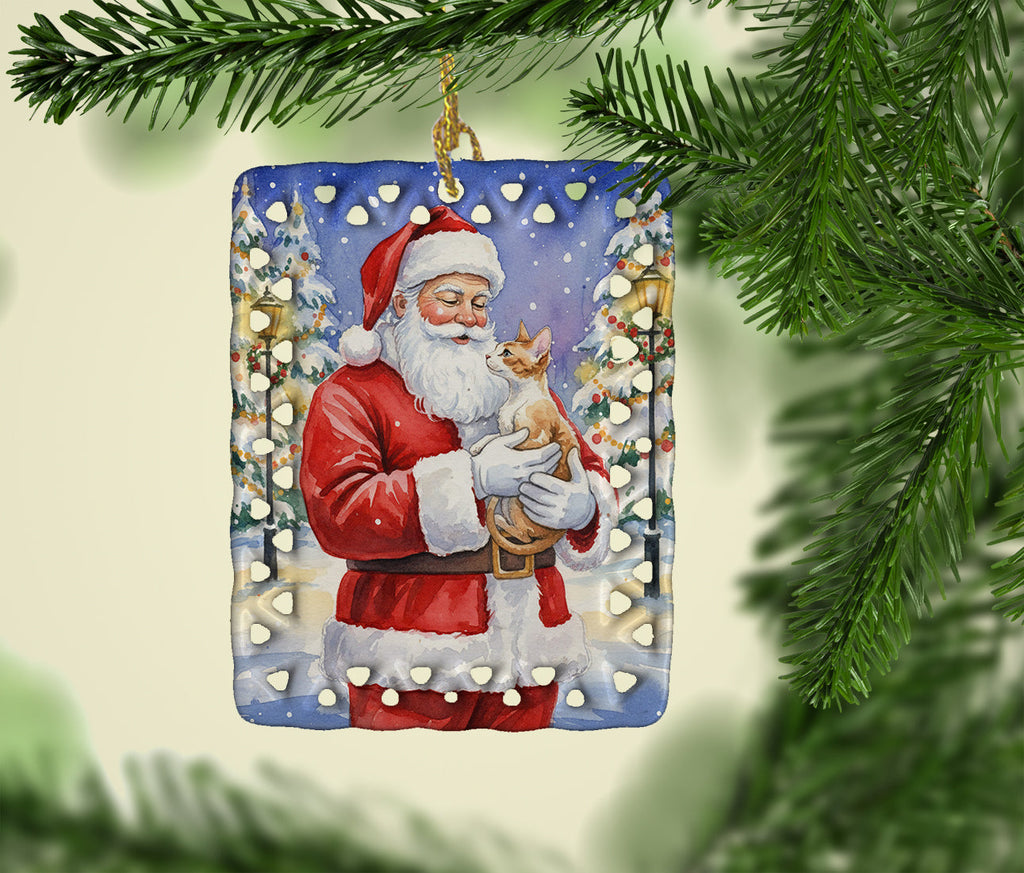 Cornish Rex Cat with Santa Claus Porcelain Ornament Christmas Tree Hanging Decorations for Home Christmas Holiday, Rectangle, Gift, Multicolor
