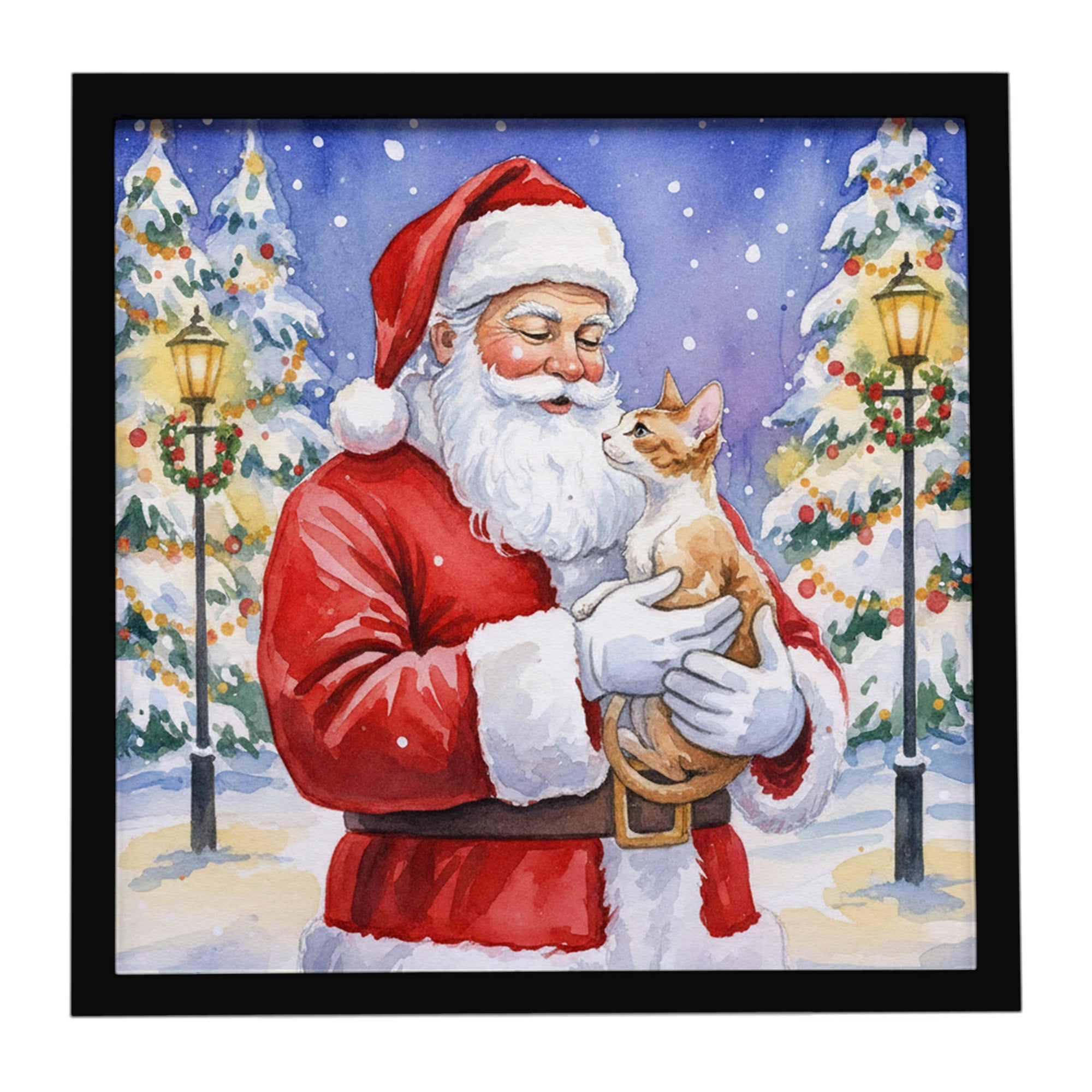 Cornish Rex Cat with Santa Claus Framed Metal Print Bathroom, Kitchen, Office, Home Decor Wall Art Ready to Hang, Square, 8X8