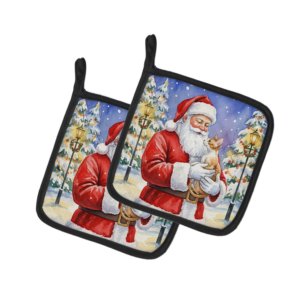 Cornish Rex Cat with Santa Claus Pot Holder Set of 2 Heat Resistant Quilted Hot Pads 7.5 x 7.5 Inch, Insulated Kitchen Trivets for Cooking & Baking
