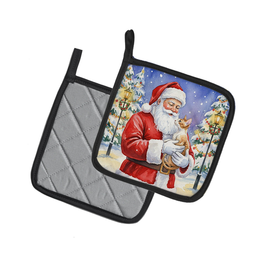 Cornish Rex Cat with Santa Claus Pot Holder Set of 2 Heat Resistant Quilted Hot Pads 7.5 x 7.5 Inch, Insulated Kitchen Trivets for Cooking & Baking