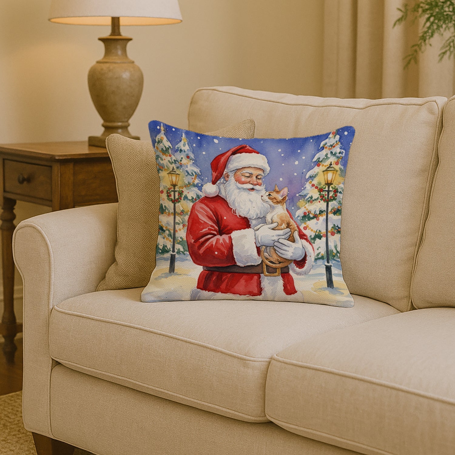 Cornish Rex Cat with Santa Claus Decorative Throw Pillow 14x14 Indoor Outdoor Accent Cushion, Fabric Cover with Insert for Sofa, Bed, Porch & Living Room