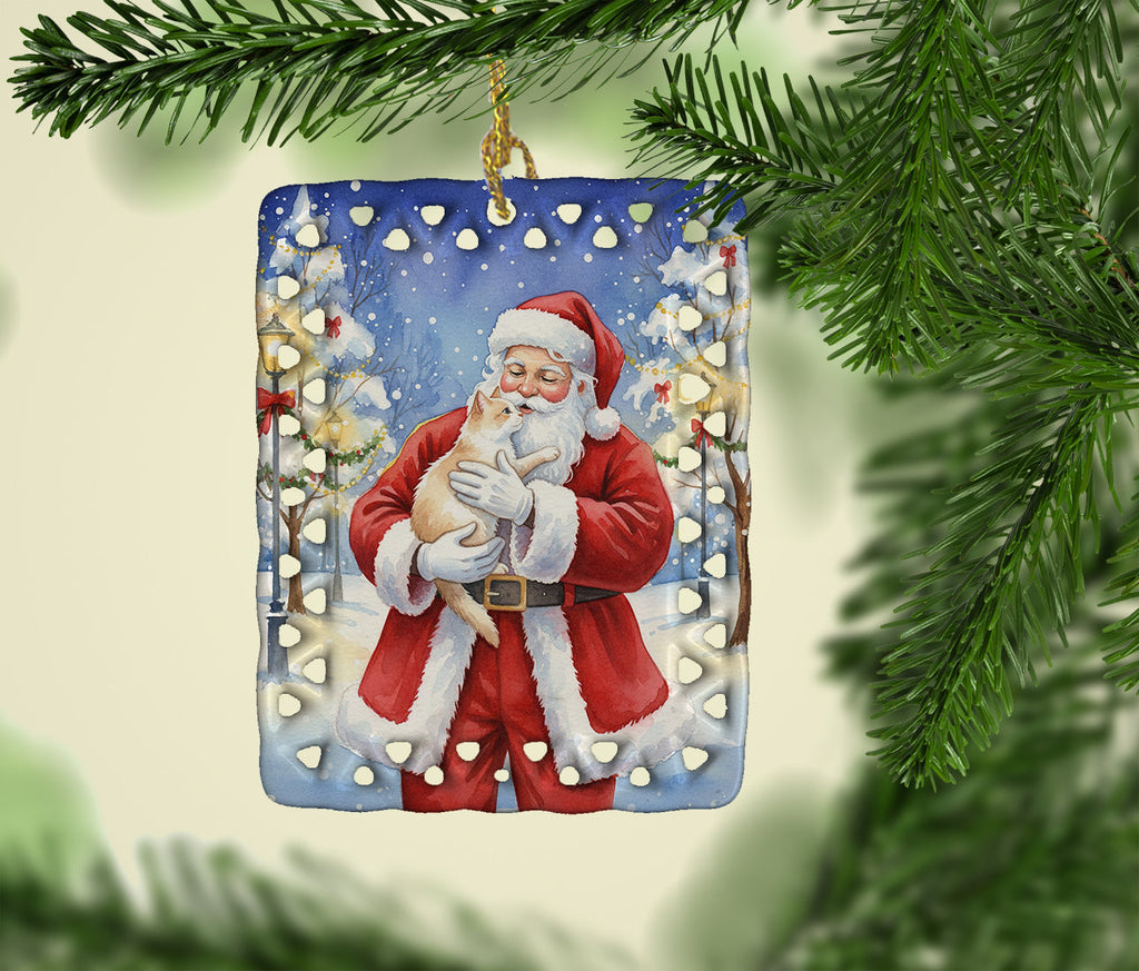 Cream and White Cat with Santa Claus Porcelain Ornament Christmas Tree Hanging Decorations for Home Christmas Holiday, Rectangle, Gift, Multicolor