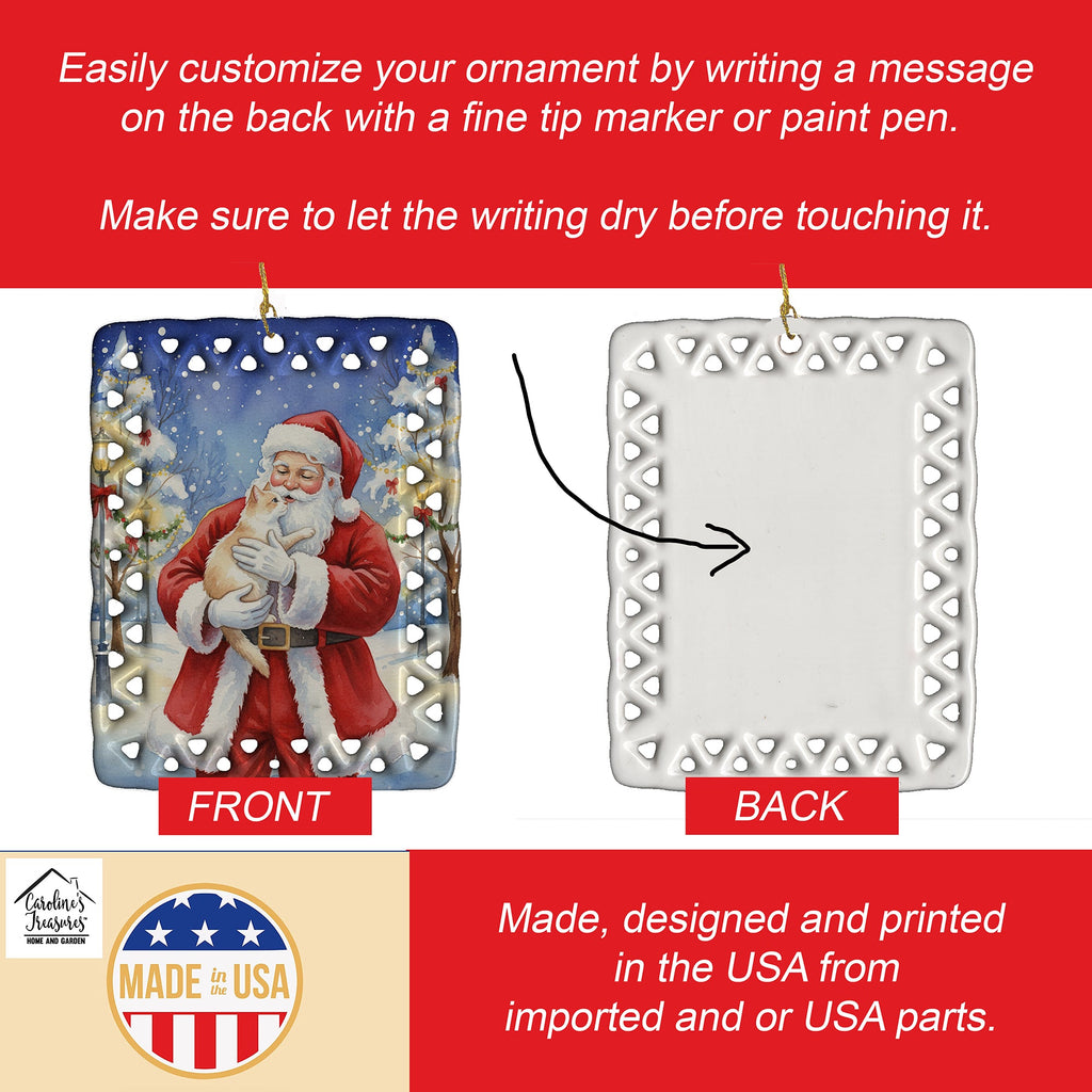 Cream and White Cat with Santa Claus Porcelain Ornament Christmas Tree Hanging Decorations for Home Christmas Holiday, Rectangle, Gift, Multicolor