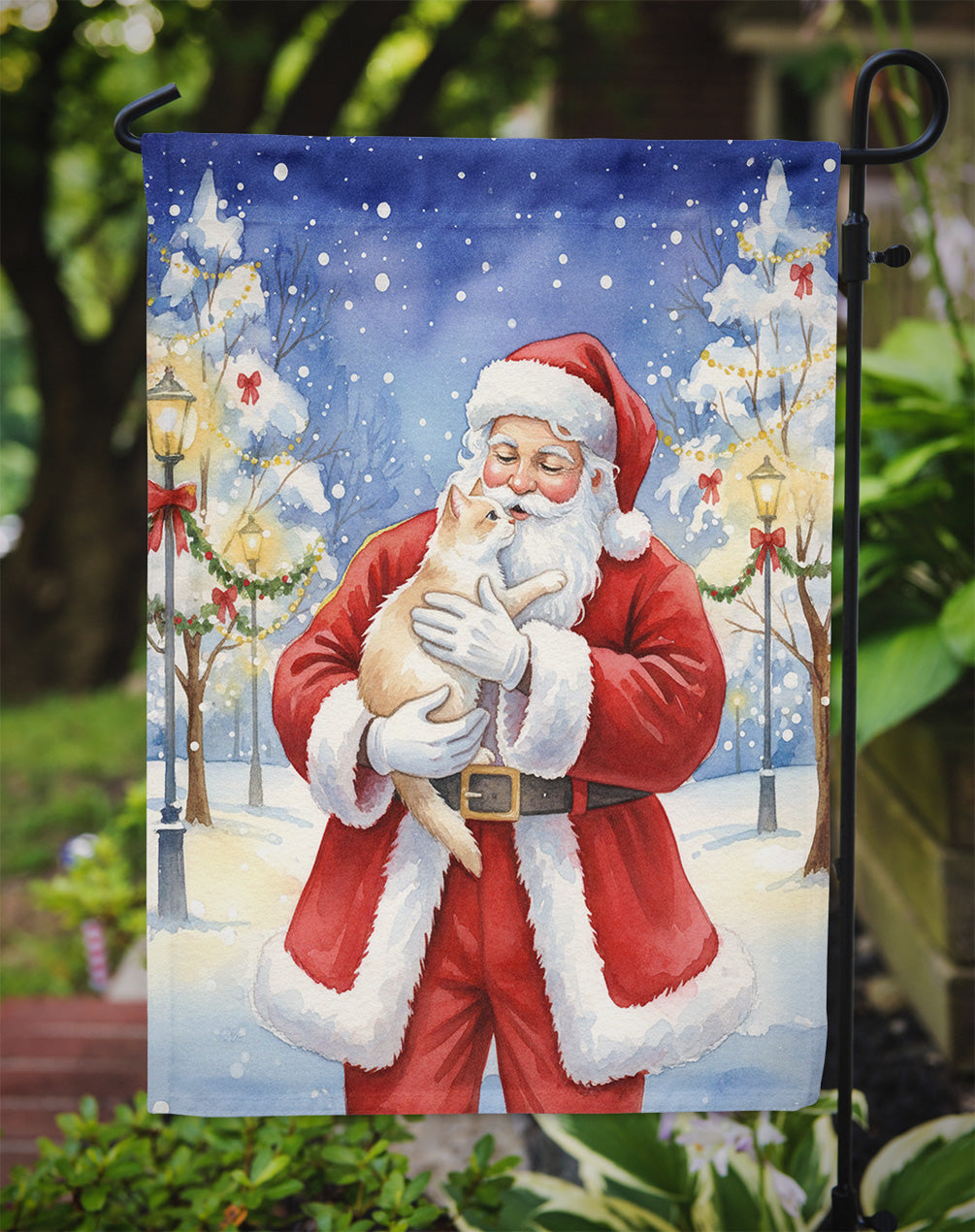 Cream and White Cat with Santa Claus Garden Flag Mailbox Decorative Yard Banner Outside Patio Artwork for Flower Beds, Garden Size, Multicolor
