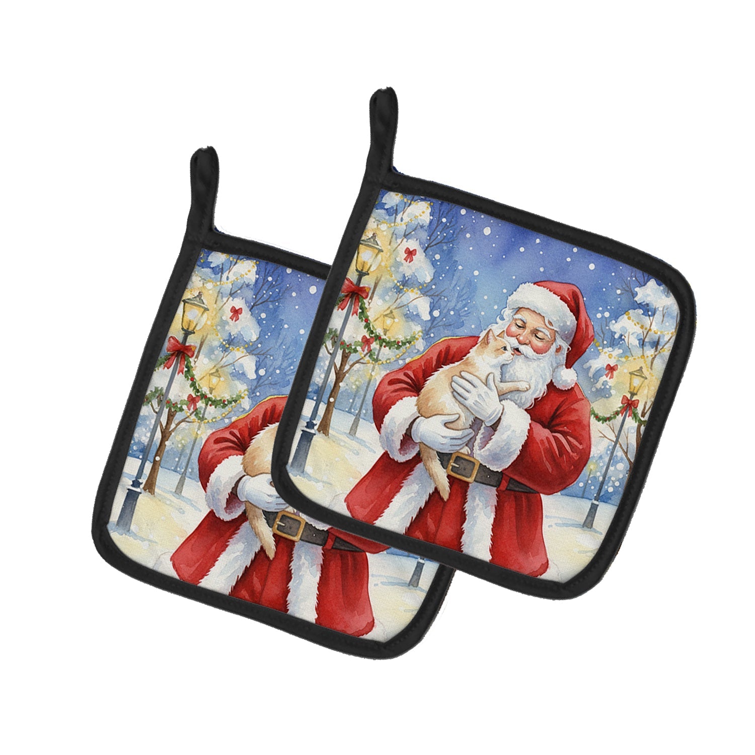 Cream and White Cat with Santa Claus Pot Holder Set of 2 Heat Resistant Quilted Hot Pads 7.5 x 7.5 Inch, Insulated Kitchen Trivets for Cooking & Baking