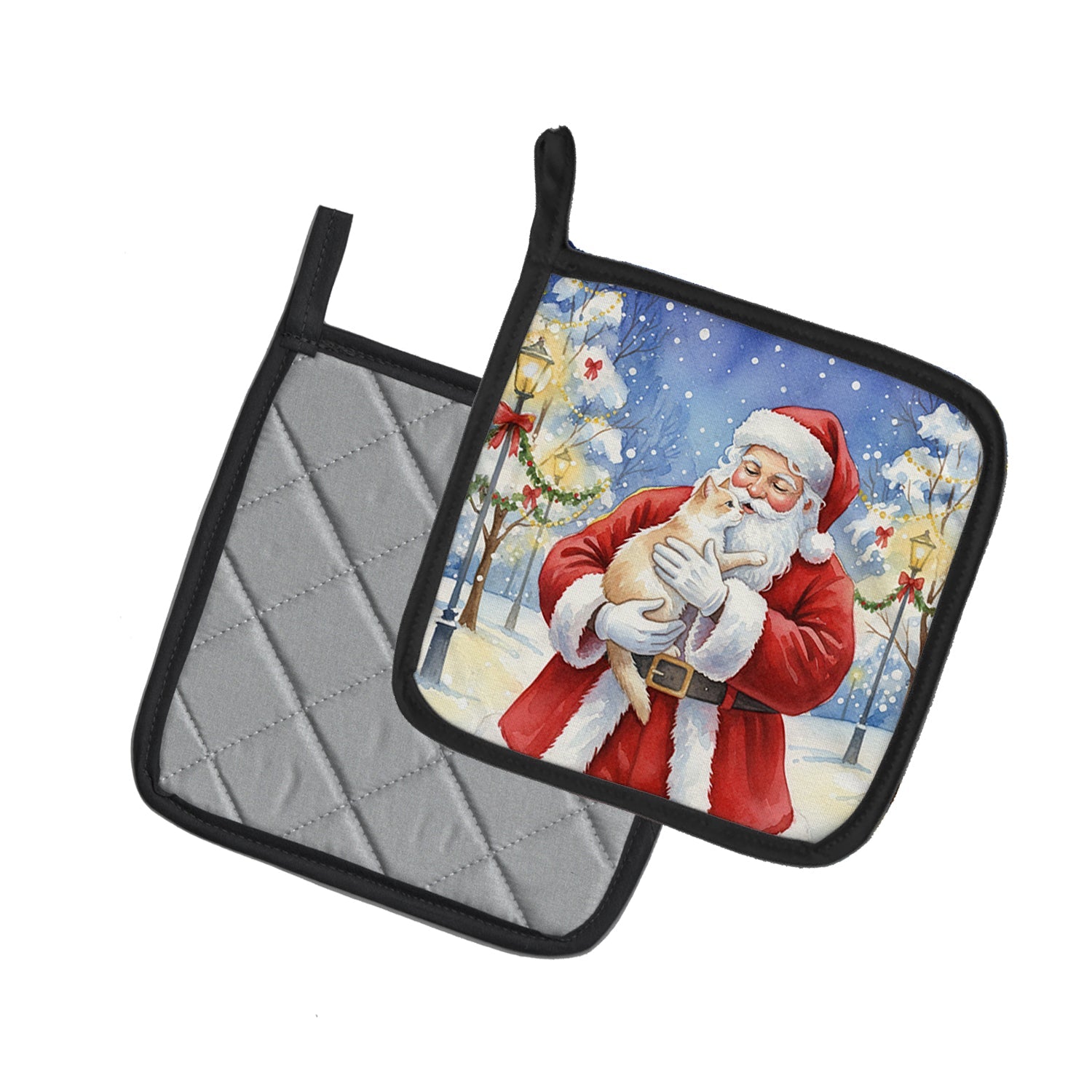 Cream and White Cat with Santa Claus Pot Holder Set of 2 Heat Resistant Quilted Hot Pads 7.5 x 7.5 Inch, Insulated Kitchen Trivets for Cooking & Baking