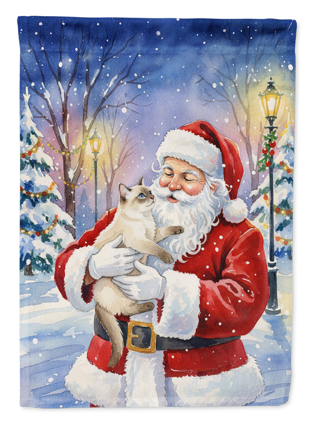 Cream Point Cat with Santa Claus House Flag 28x40 Porch Sleeve Pole Decorative Outside Yard Banner Artwork Wall Hanging, Polyester