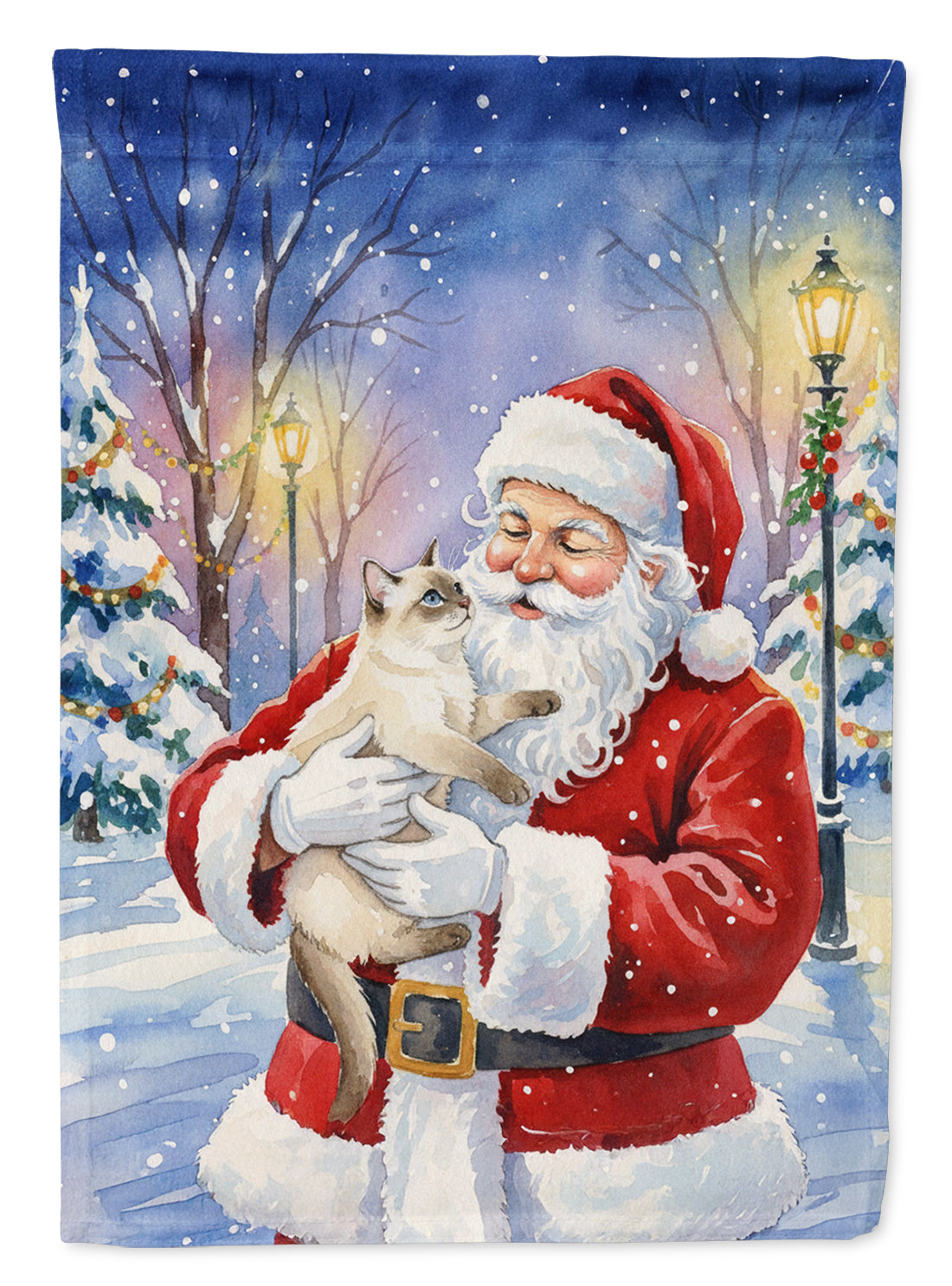 Cream Point Cat with Santa Claus House Flag 28x40 Porch Sleeve Pole Decorative Outside Yard Banner Artwork Wall Hanging, Polyester