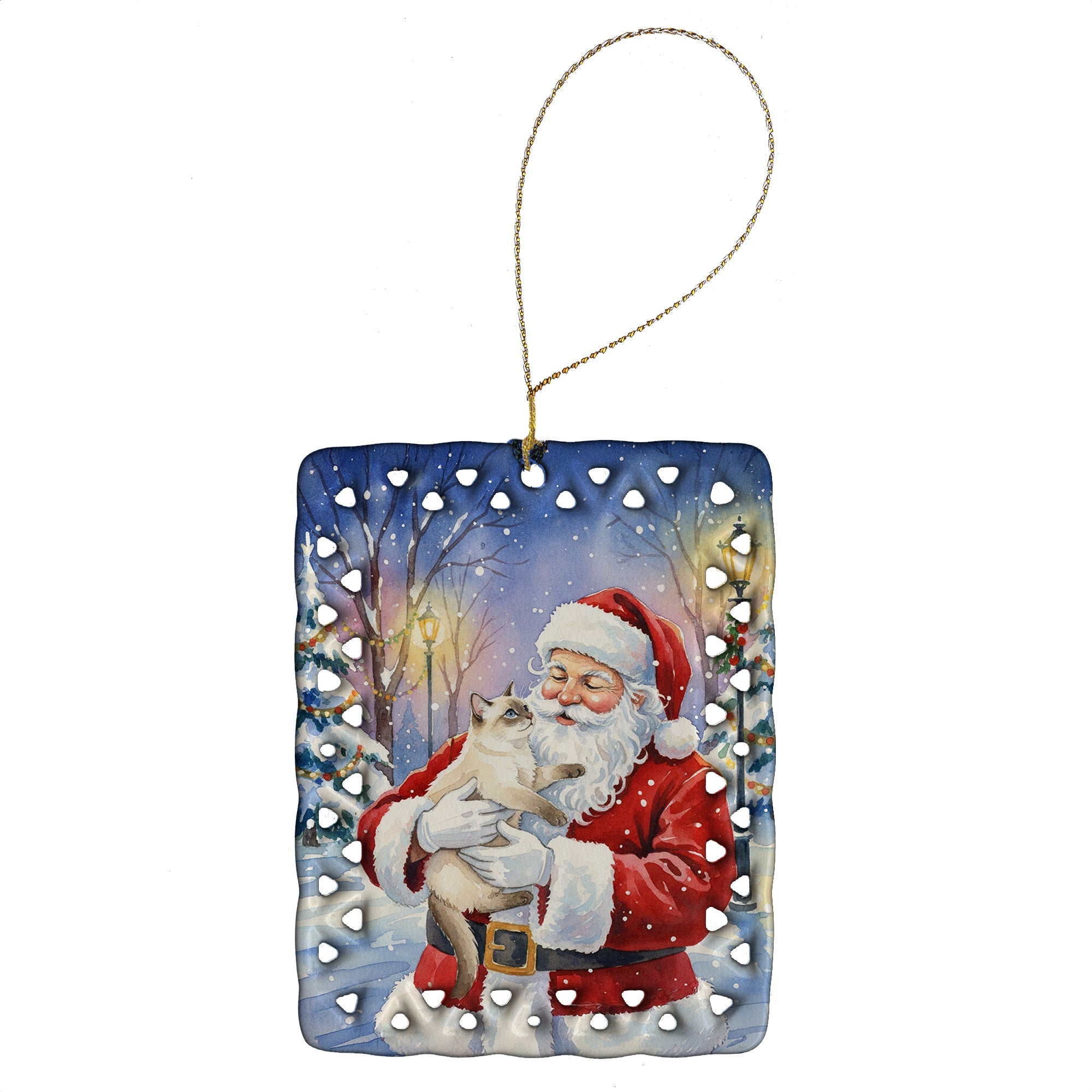 Cream Point Cat with Santa Claus Porcelain Ornament Christmas Tree Hanging Decorations for Home Christmas Holiday, Rectangle, Gift, Multicolor