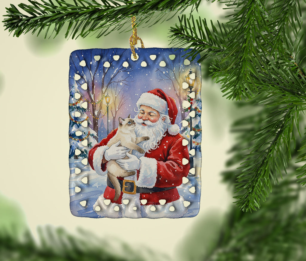 Cream Point Cat with Santa Claus Porcelain Ornament Christmas Tree Hanging Decorations for Home Christmas Holiday, Rectangle, Gift, Multicolor