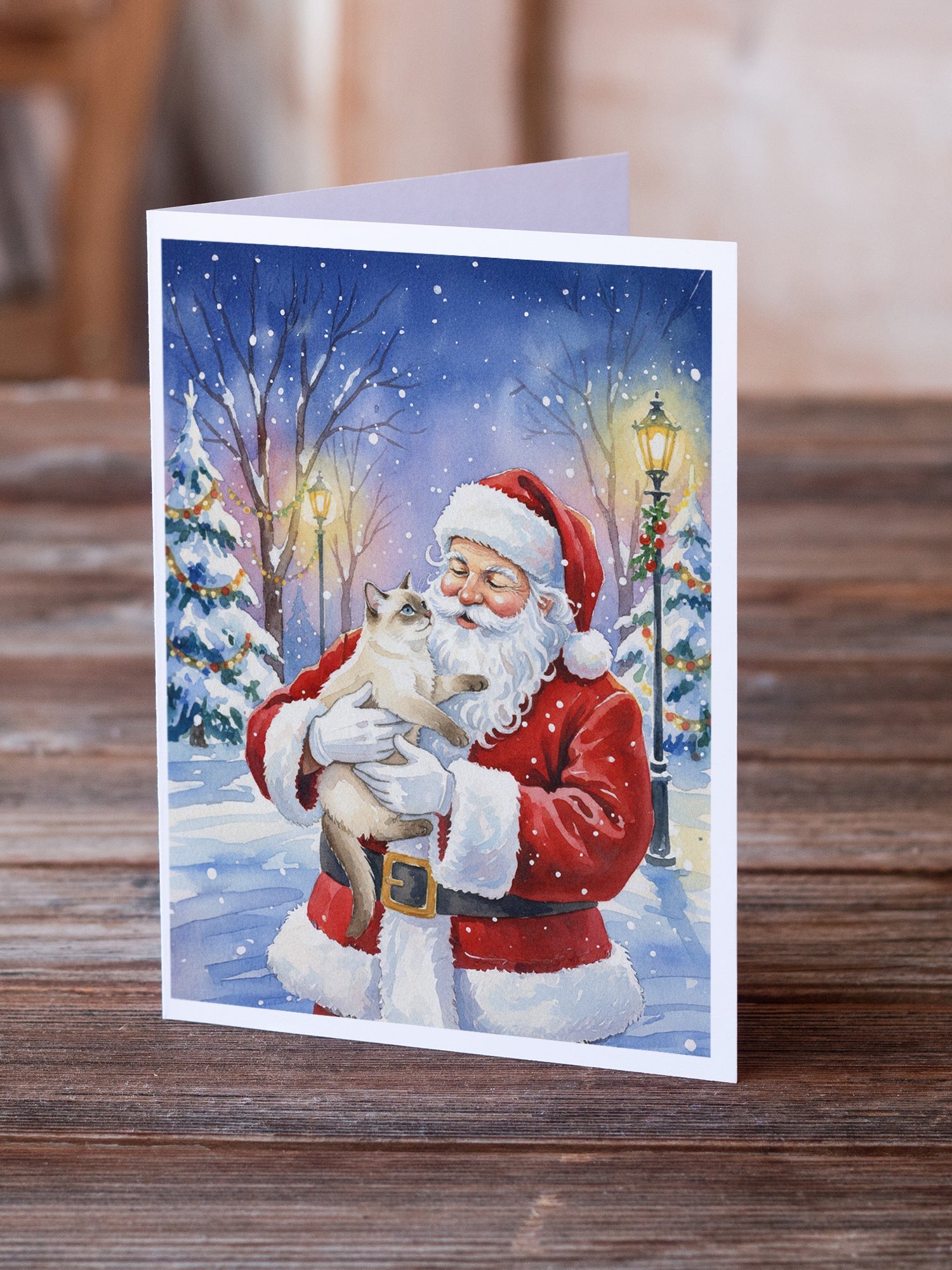 Cream Point Cat with Santa Claus Greeting Cards Pack of 8 Blank Cards with Envelopes Whimsical A7 Size 5x7