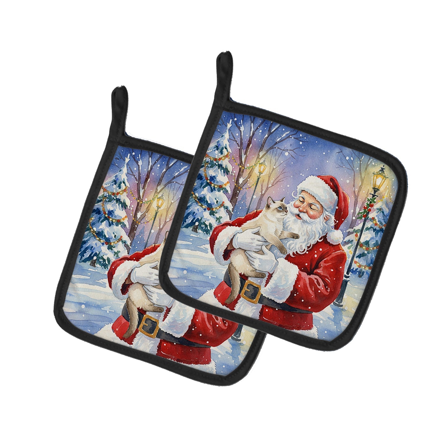 Cream Point Cat with Santa Claus Pot Holder Set of 2 Heat Resistant Quilted Hot Pads 7.5 x 7.5 Inch, Insulated Kitchen Trivets for Cooking & Baking